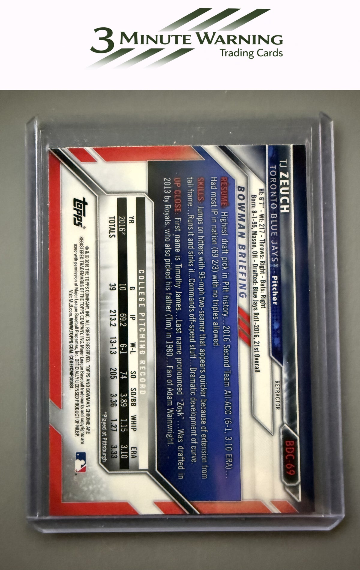 2016 Bowman Draft #BDC-69 T.J. Zeuch Chrome