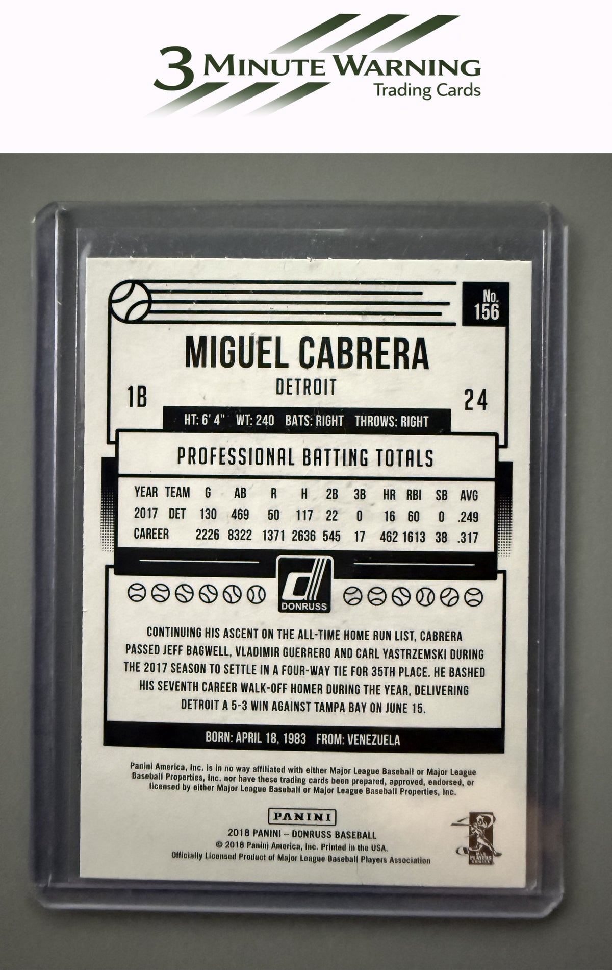 2018 Donruss #156 Miguel Cabrera Holo Blue