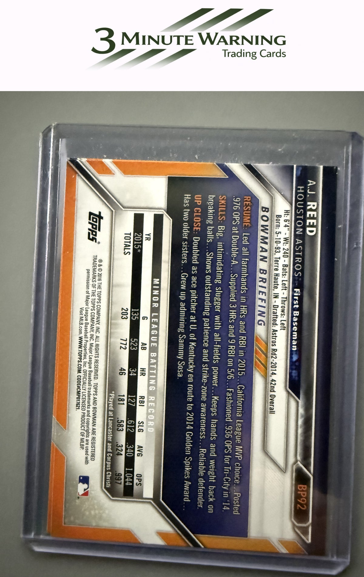 2016 Bowman #BP92 A.J. Reed Prospects