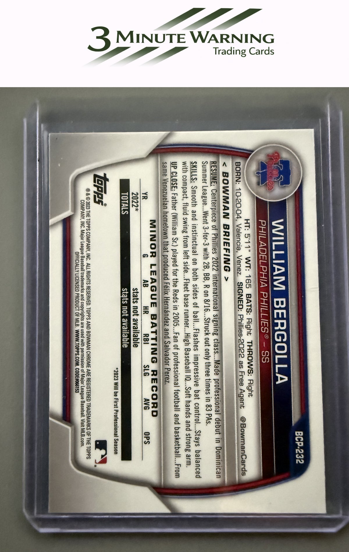2023 Bowman Chrome Sapphire Edition #BCP-232 William Bergolla Prospects