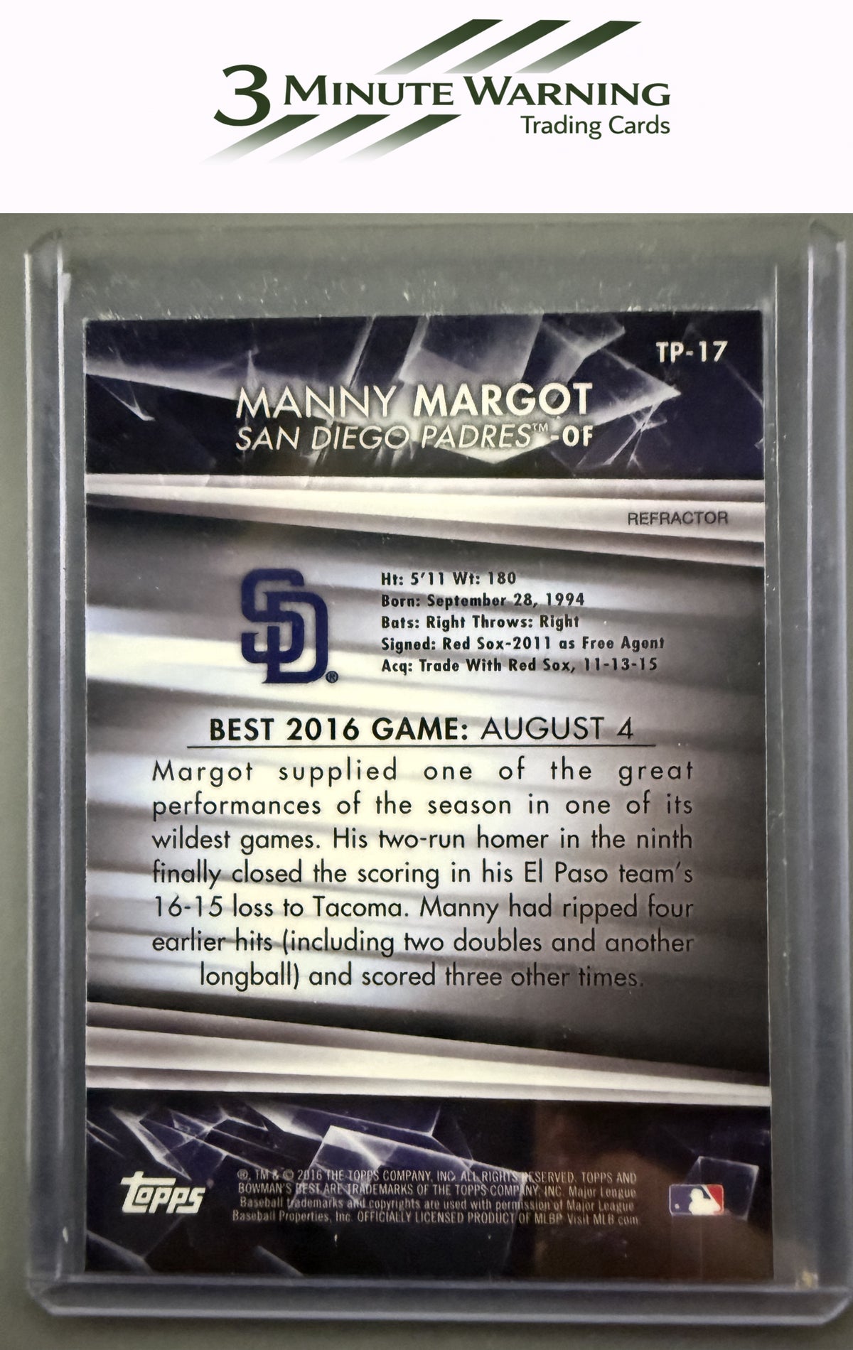 2016 Bowman's Best #TP-17 Manuel Margot Top Prospects Refractor