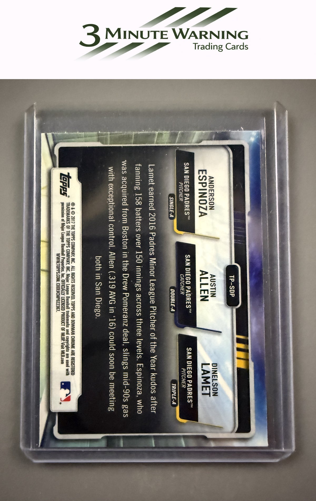 2017 Bowman #TP-SDP Anderson Espinoza / Austin Allen / Dinelson Lamet Talent Pipeline