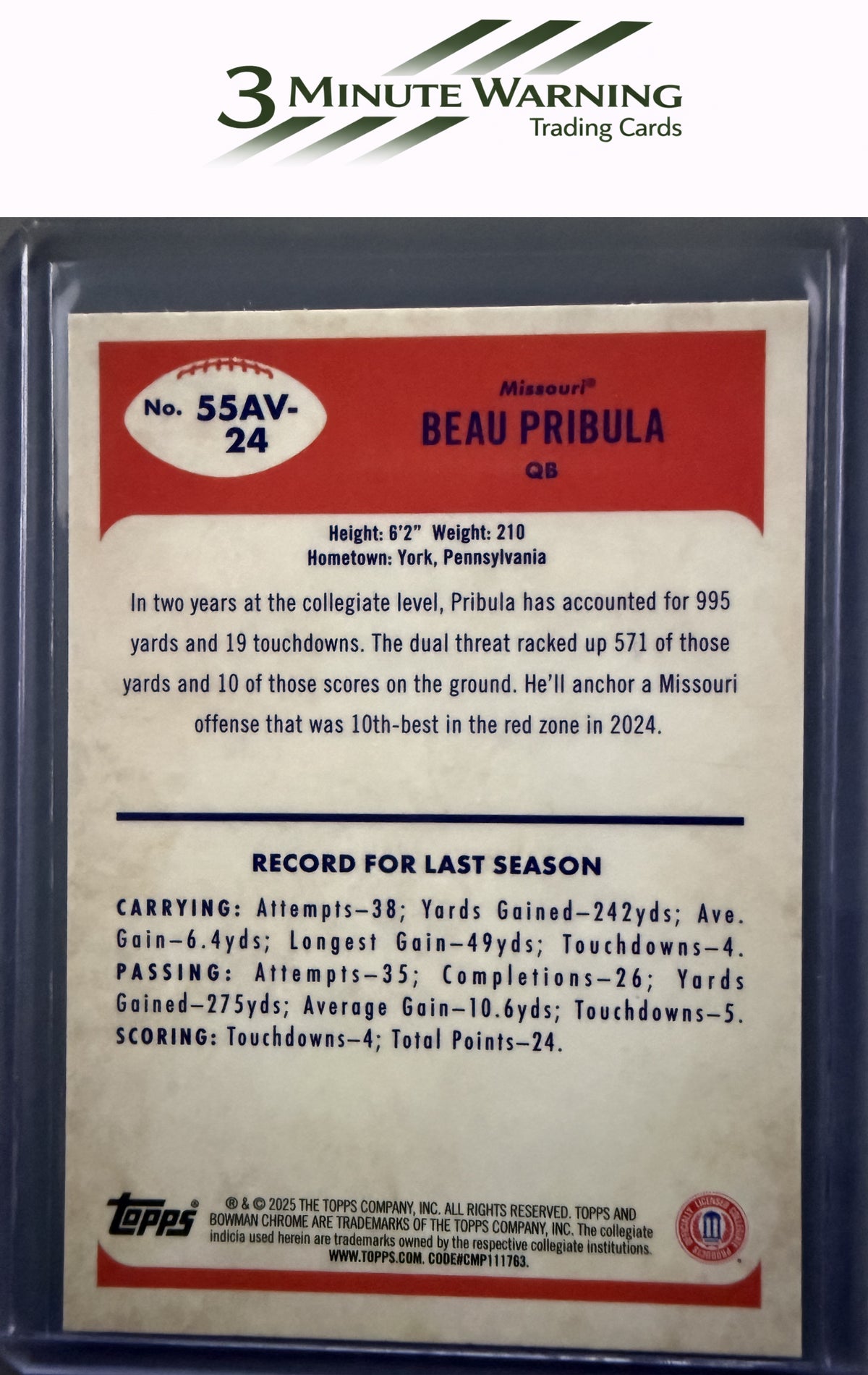 2025 Bowman University Chrome #55AV-24 Beau Pribula 1955 Bowman Football