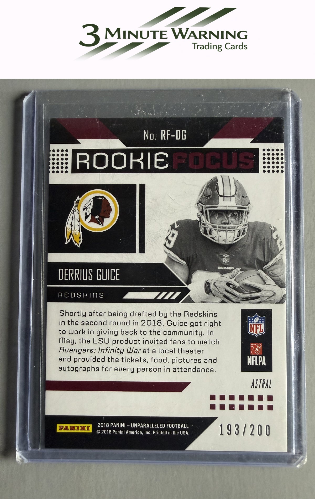 2018 Panini Unparalleled #RF-DG Derrius Guice Rookie Focus Astral #/200