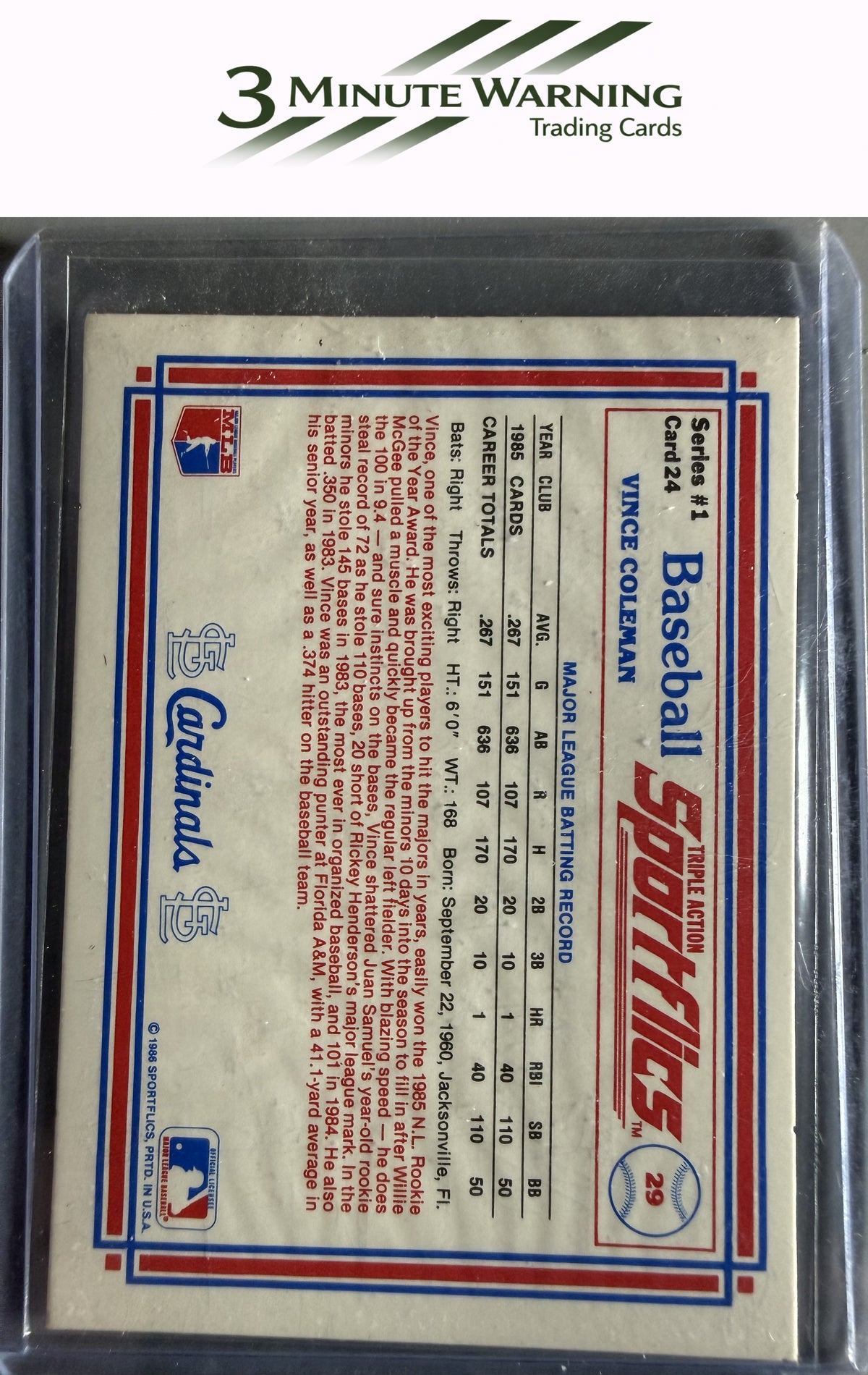 1986 Sportflics #24 Vince Coleman