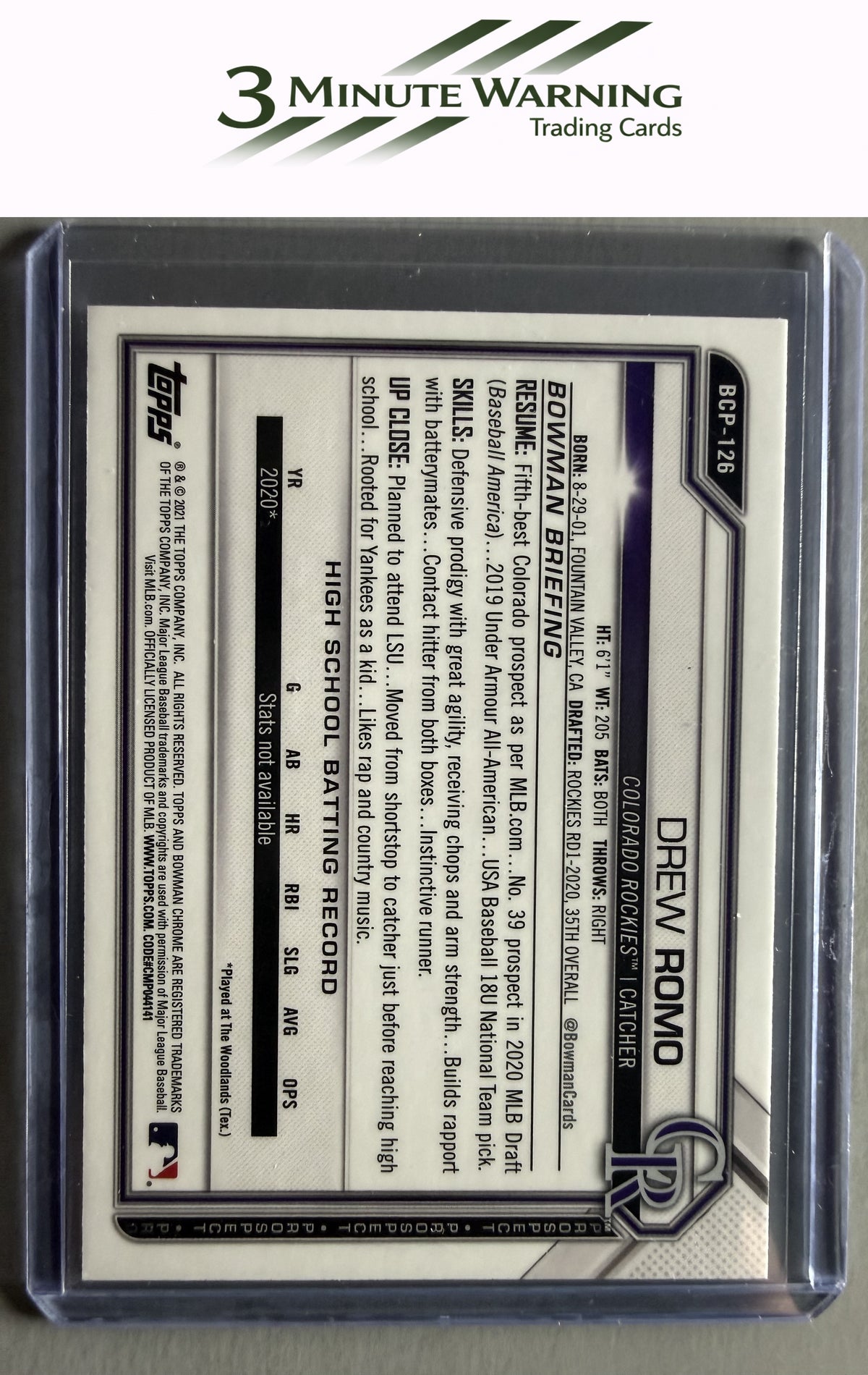 2021 Bowman #BCP-126 Drew Romo Chrome Prospects