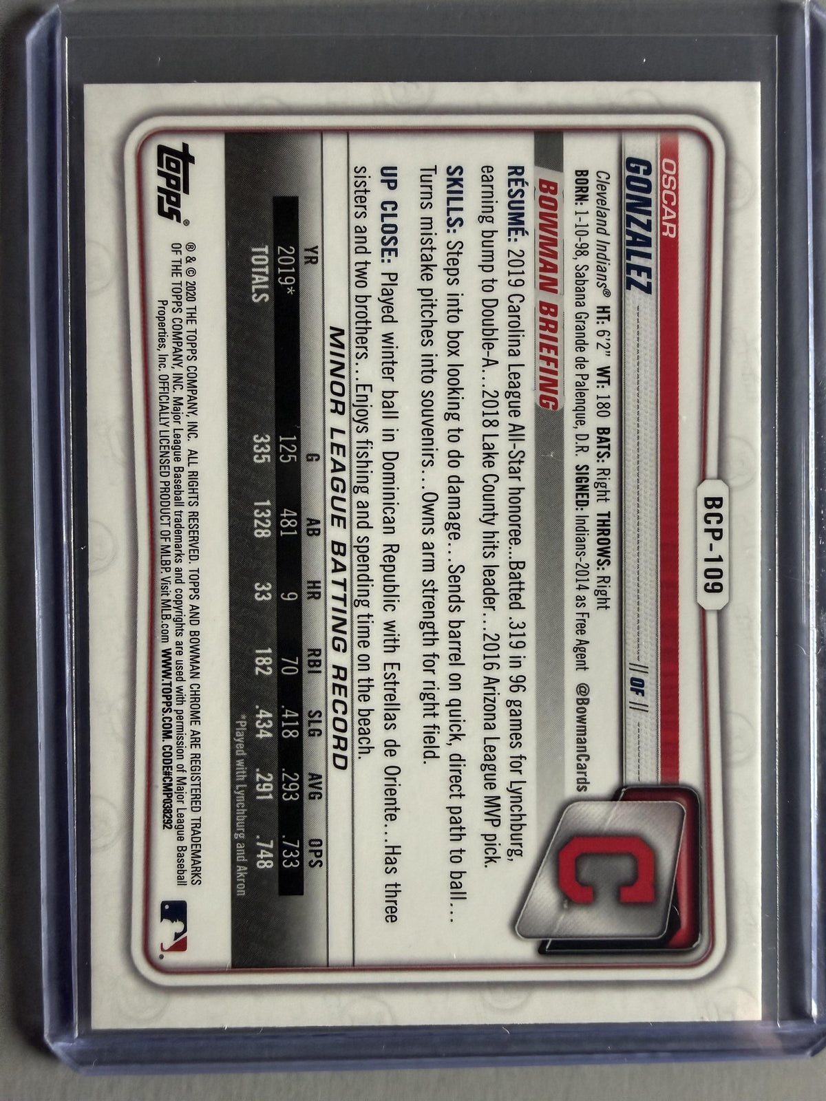 2020 Bowman #BCP-109 Oscar Gonzalez Chrome Prospects