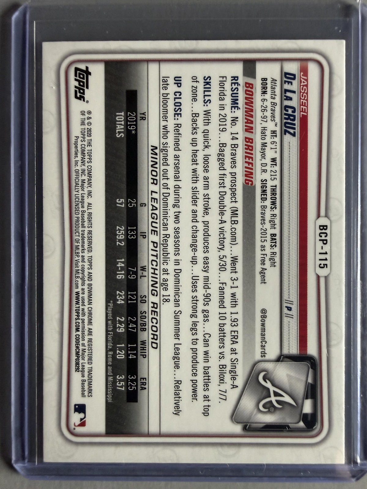 2020 Bowman #BCP-115 Jasseel De La Cruz Chrome Prospects