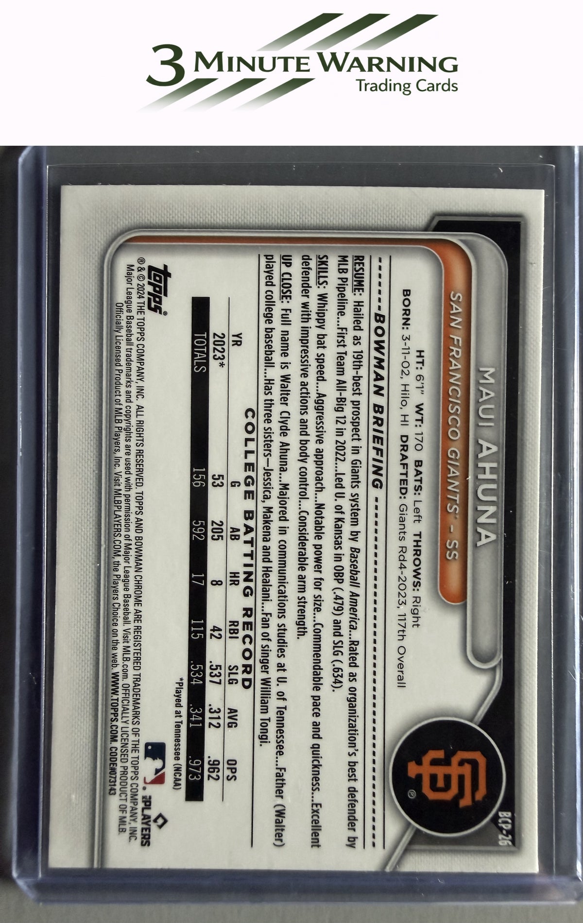 2024 Bowman #BCP-26 Maui Ahuna Chrome Prospects