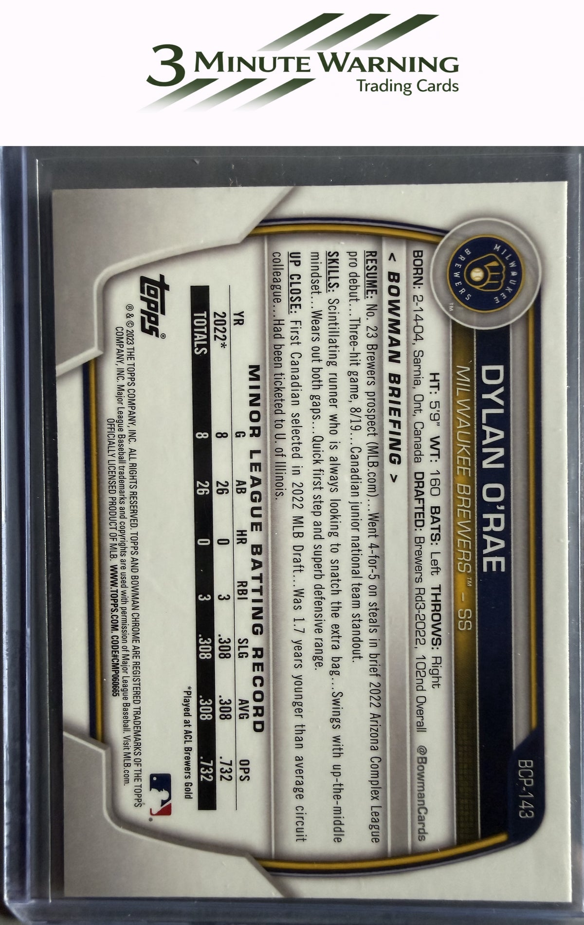2023 Bowman #BCP-143 Dylan O'Rae Chrome Prospects