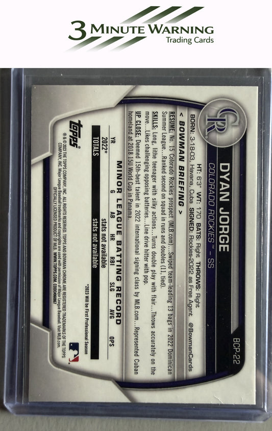 2023 Bowman #BCP-22 Dyan Jorge Chrome Prospects Mojo Refractor