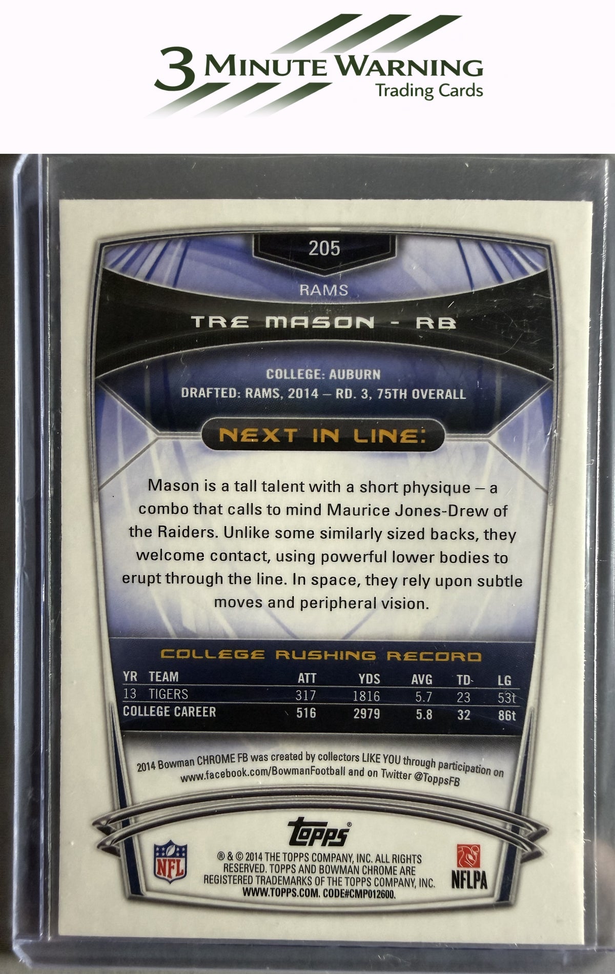 2014 Bowman Chrome #205 Tre Mason Blue Refractor #/199