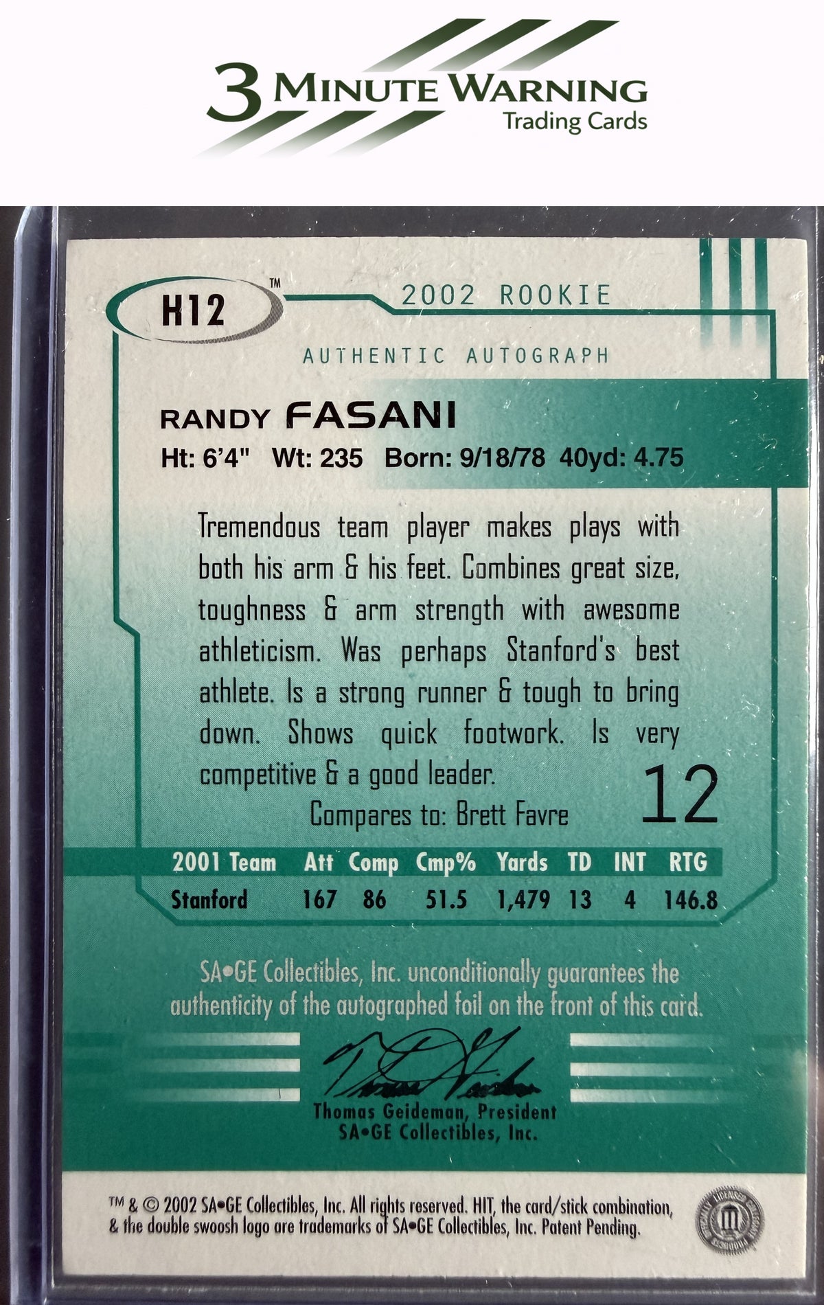 2002 SAGE HIT #H12 Randy Fasani Autographs Emerald