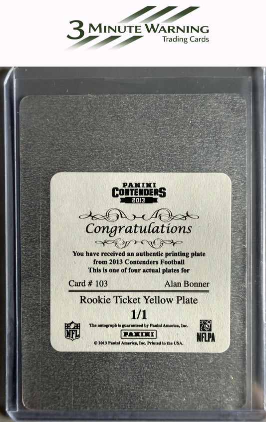 2013 Panini Black #103 Alan Bonner Printing Plates Yellow #/1