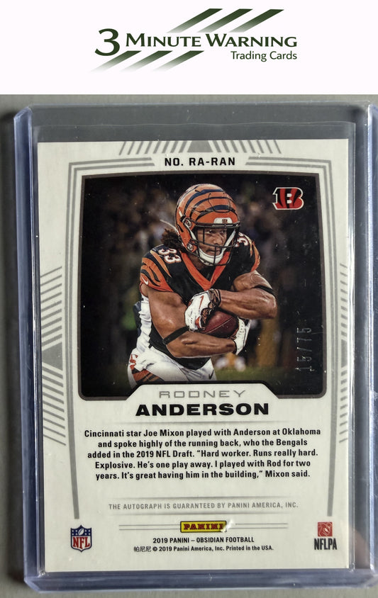 2019 Panini Obsidian #RA-RAN Rodney Anderson Rookie Autos Electric Orange #/75