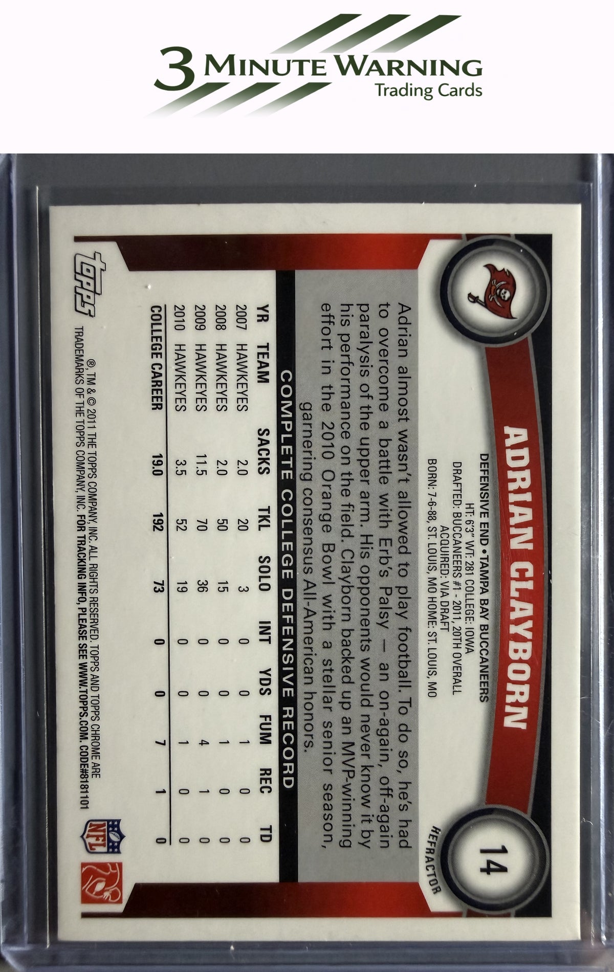 2011 Topps Chrome #14 Adrian Clayborn Orange Refractor