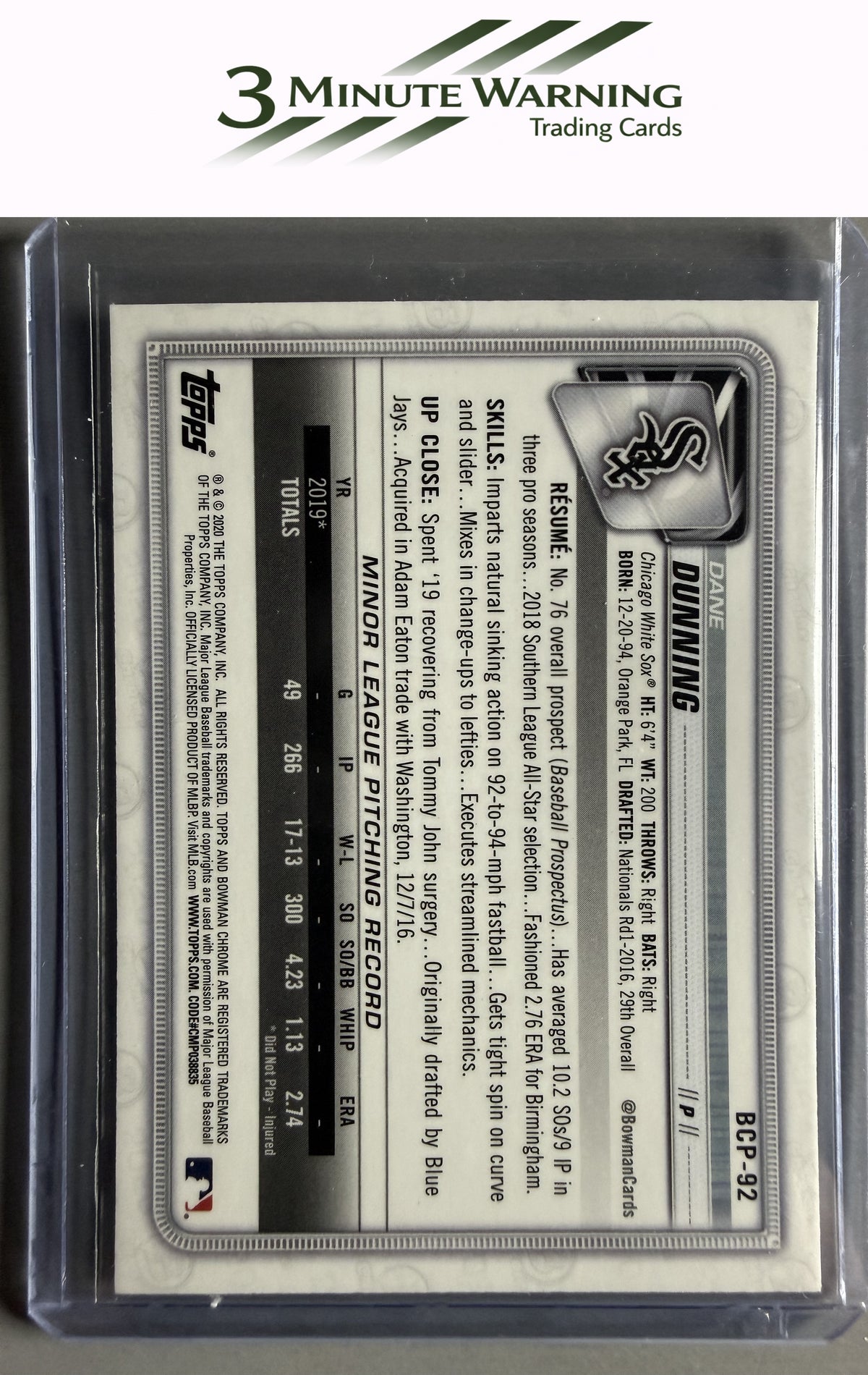2020 Bowman #BCP-92 Dane Dunning Chrome Prospects Mojo Refractor