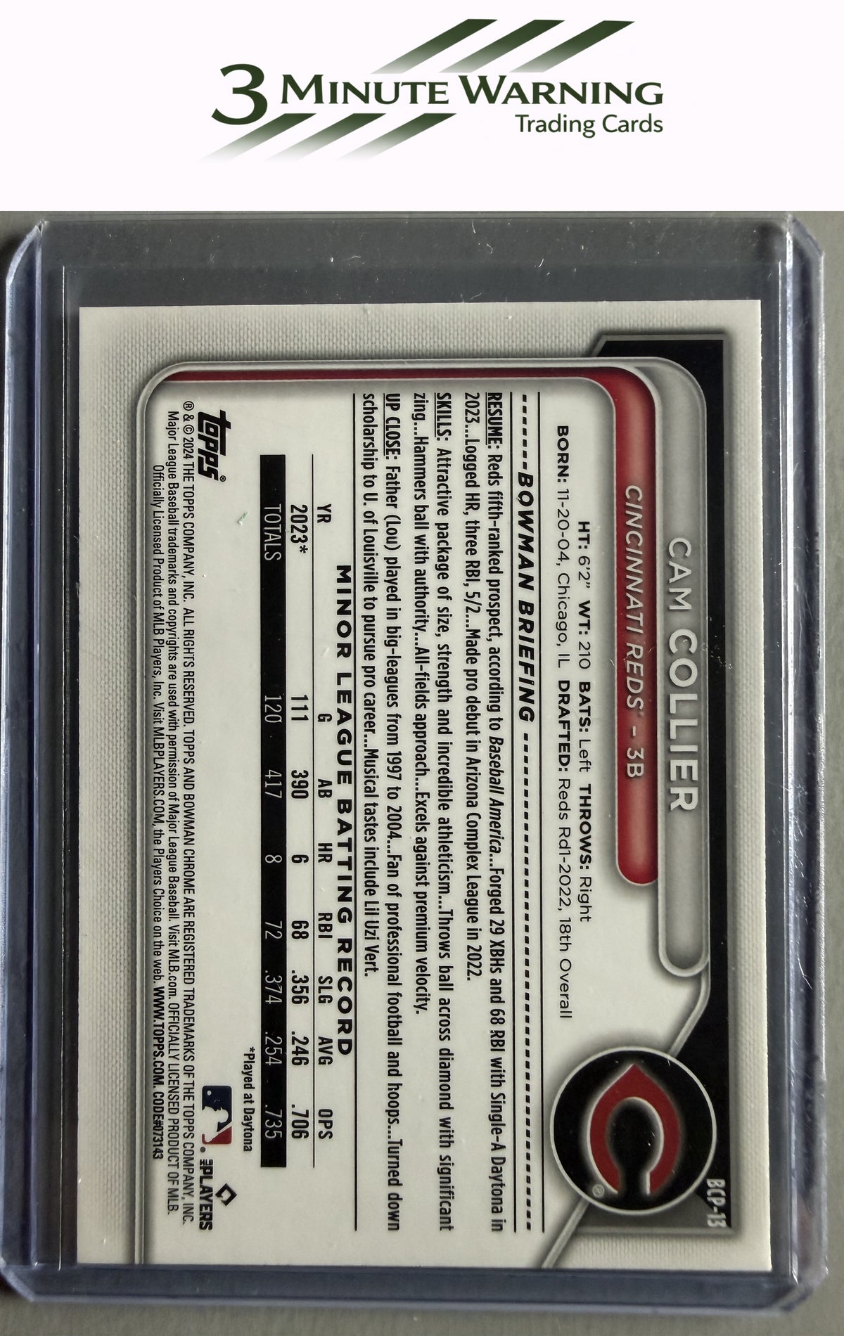 2024 Bowman #BCP-13 Cam Collier Chrome Prospects Lunar Glow Refractor