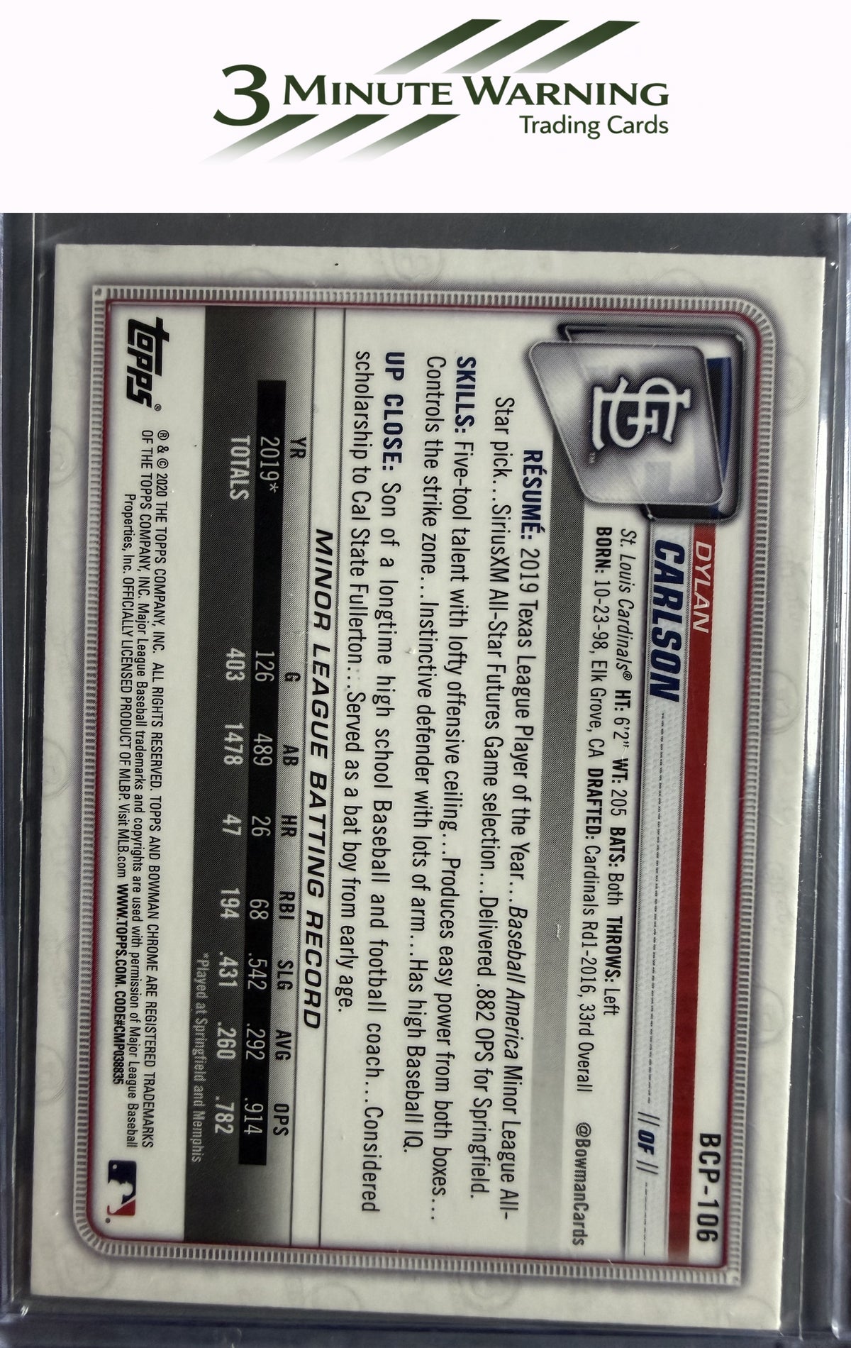 2020 Bowman #BCP-106 Dylan Carlson Chrome Prospects Mojo Refractor