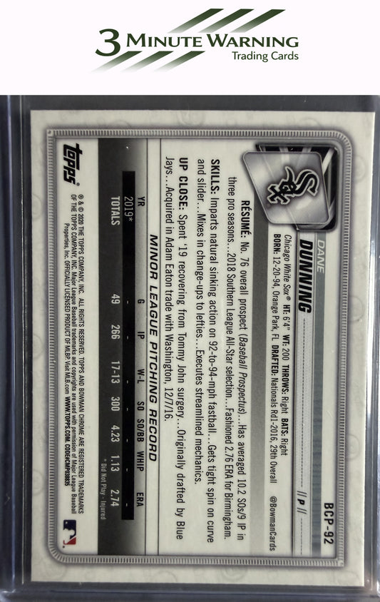 2020 Bowman #BCP-92 Dane Dunning Chrome Prospects Mojo Refractor