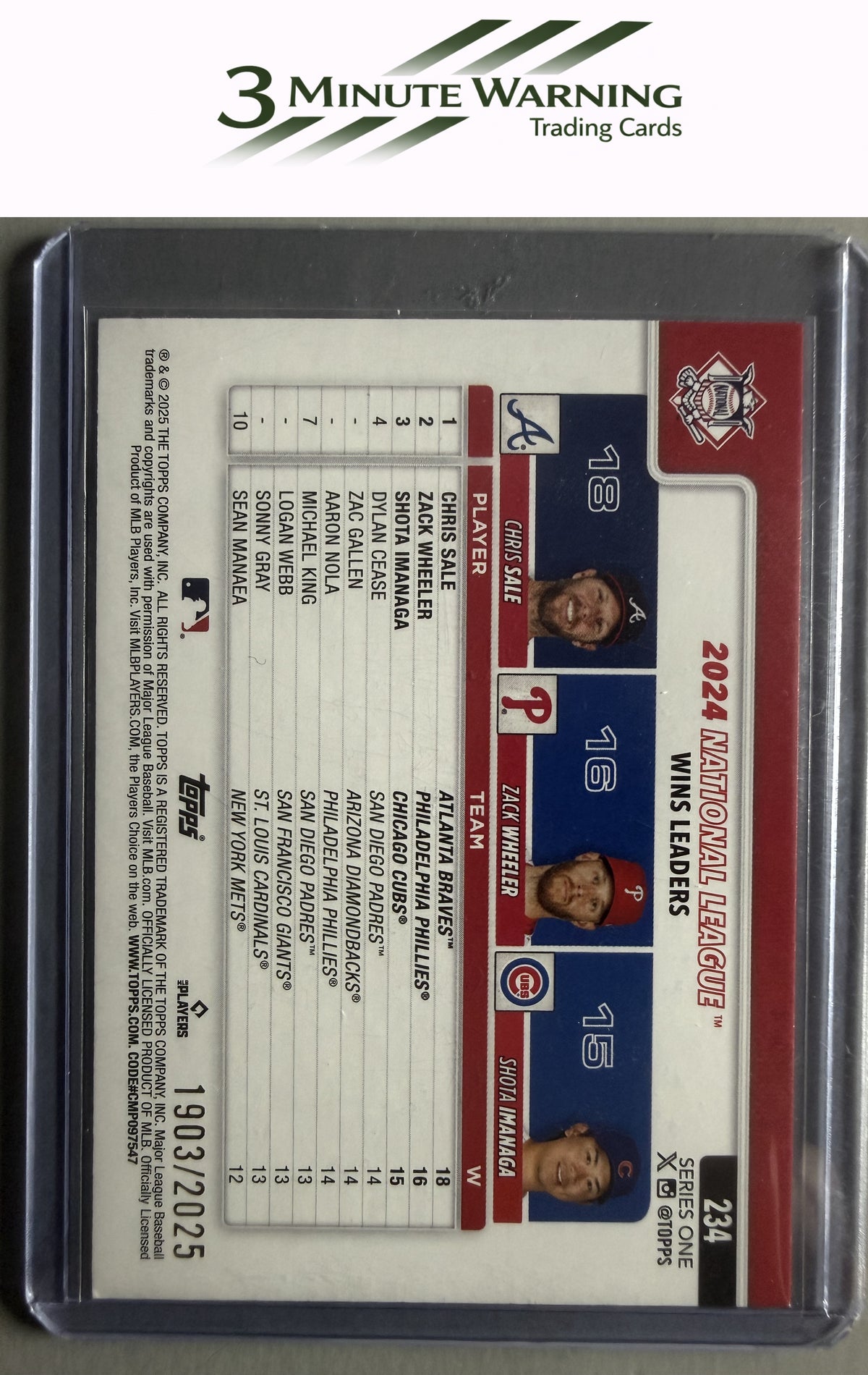 2025 Topps #234 National League Leaders Wins (Sale /Wheeler / Imanaga) Gold