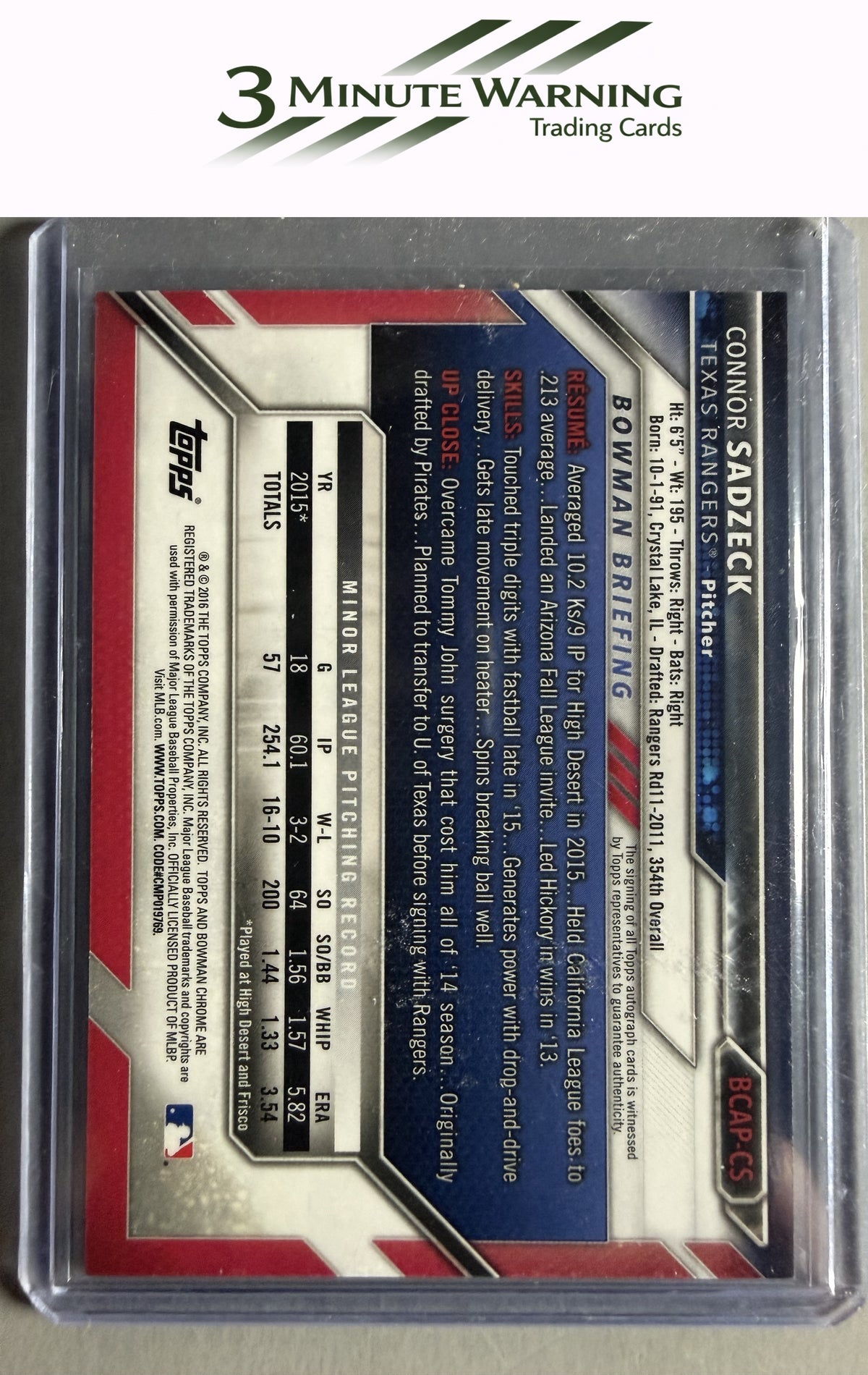 2016 Bowman Chrome #BCAP-CS Connor Sadzeck Prospects Autographs
