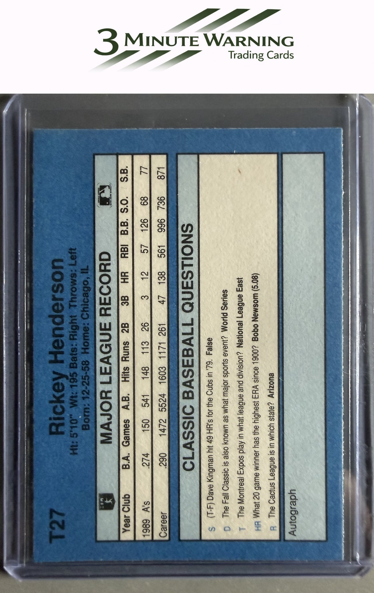 1990 Classic Yellow #T27 Rickey Henderson