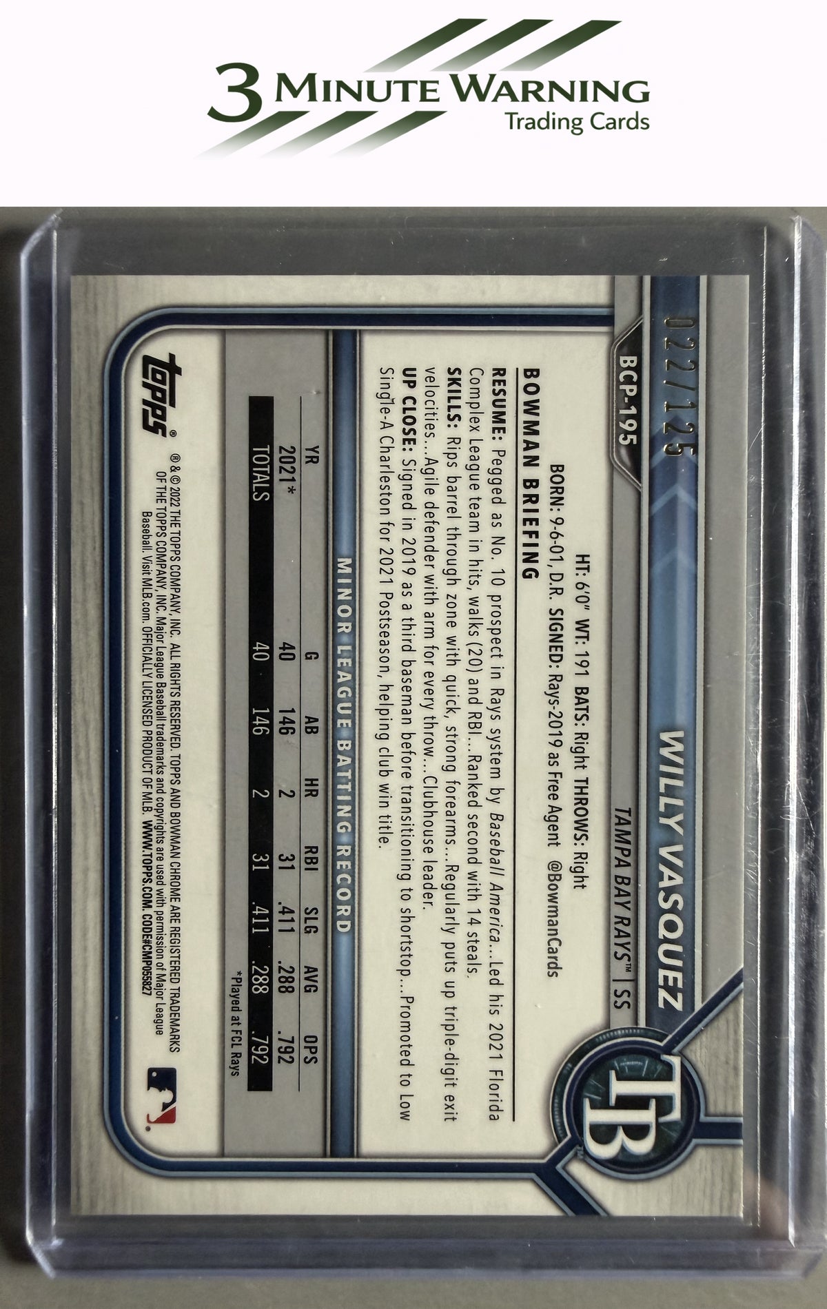 2022 Bowman Chrome #BCP-195 Willy Vasquez Aqua/Pink Vapor Refractor #/125