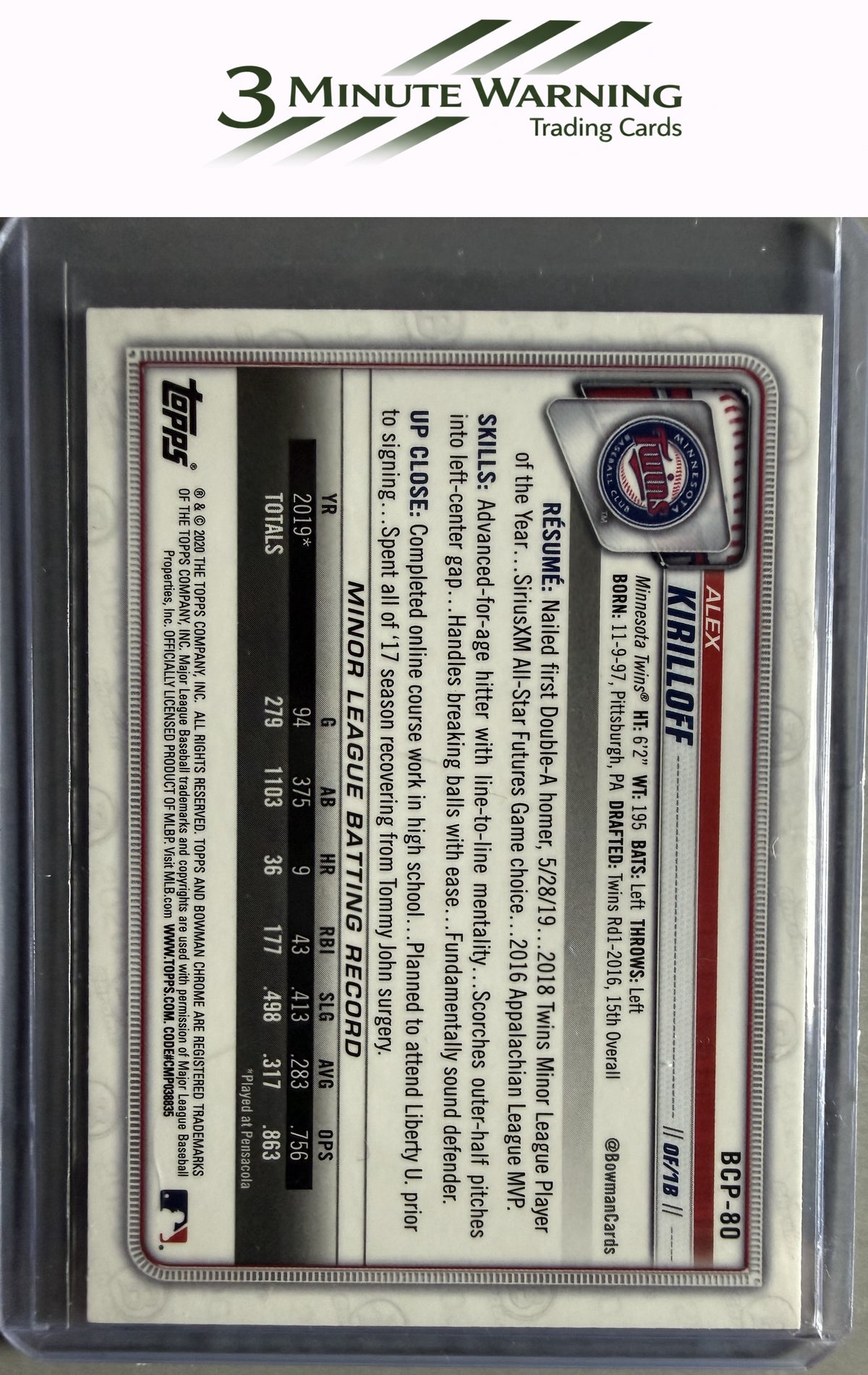 2020 Bowman #BCP-80 Alex Kirilloff Chrome Prospects Mojo Refractor