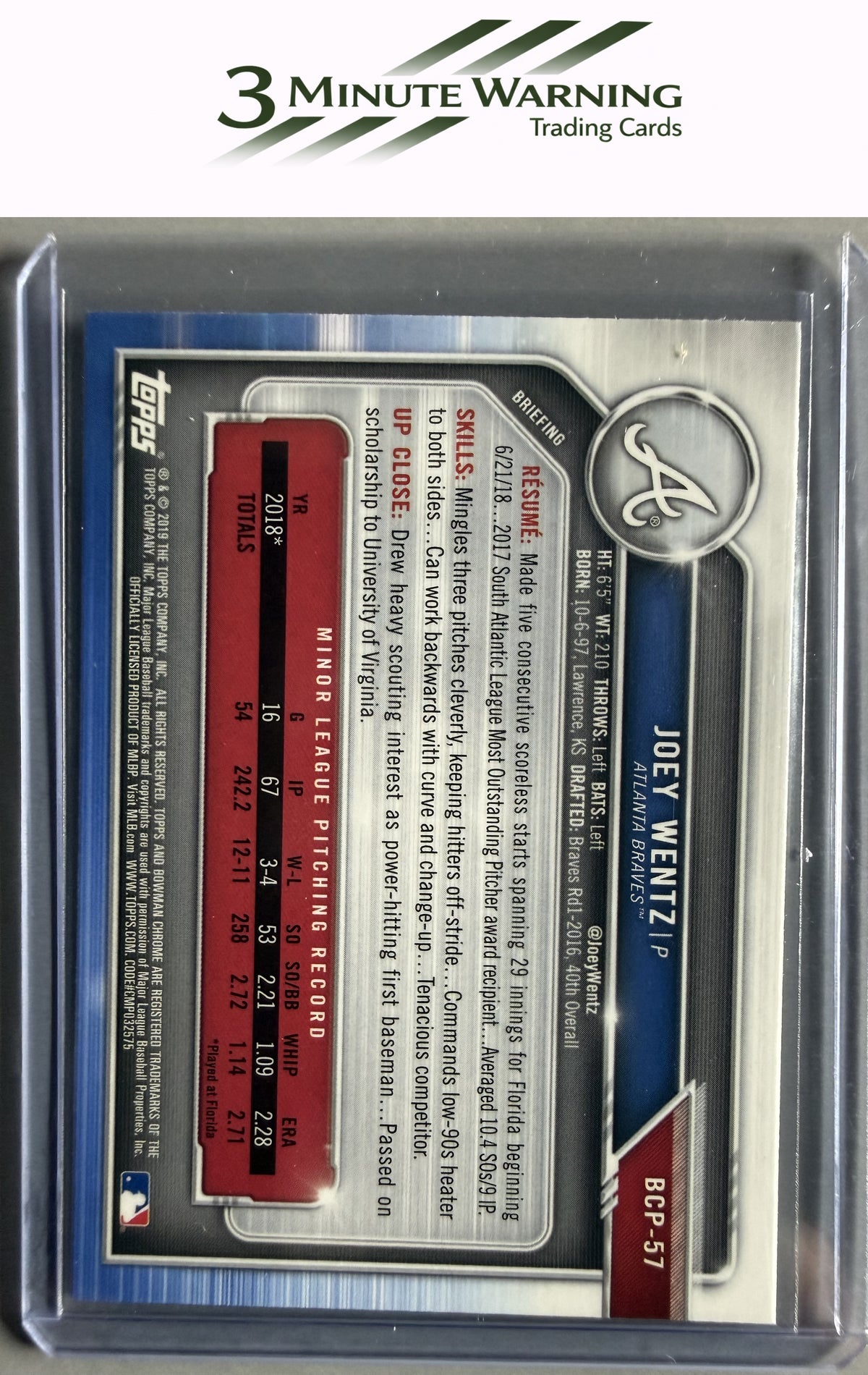 2019 Bowman #BCP-57 Joey Wentz Chrome Prospects
