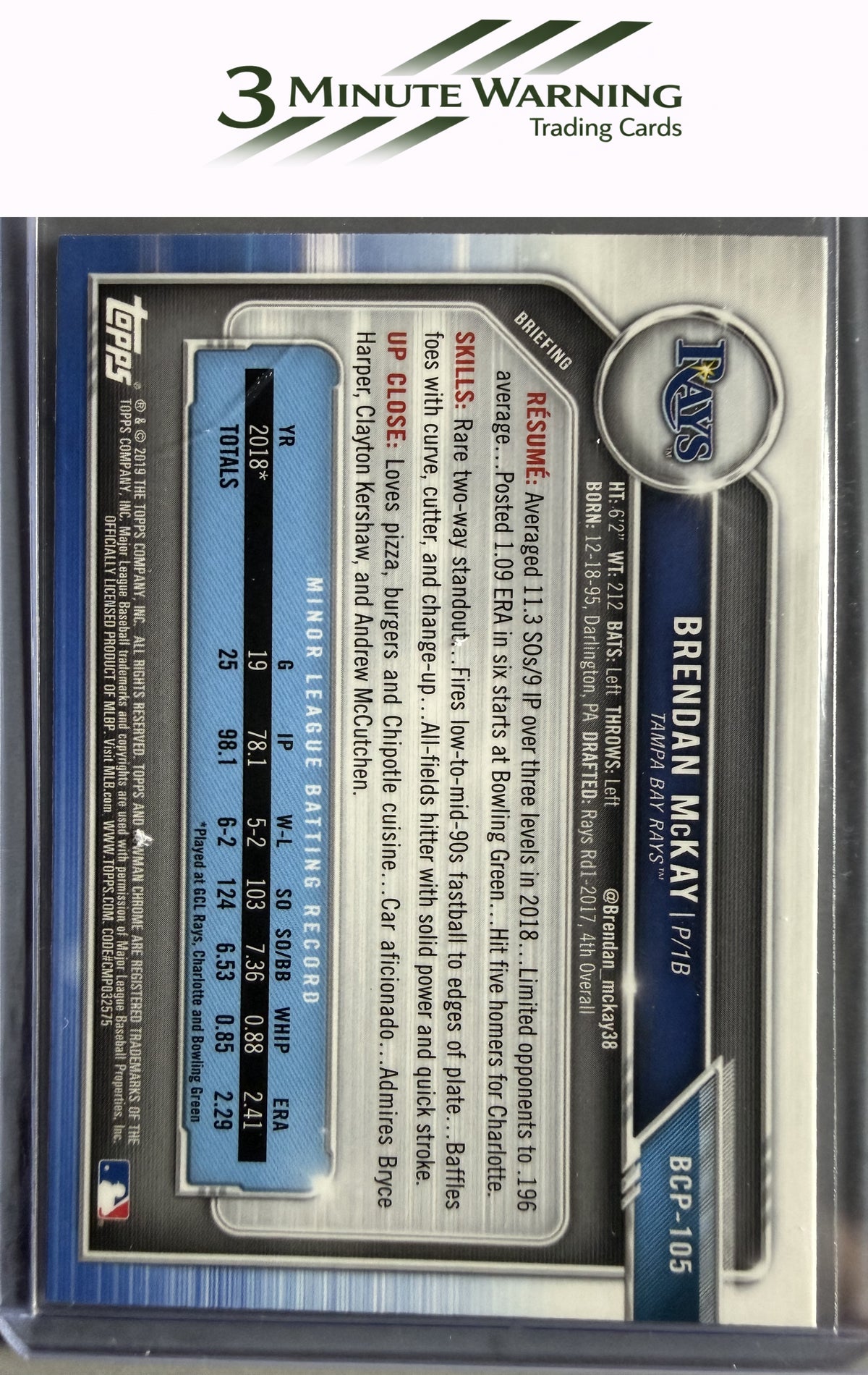 2019 Bowman #BCP-105 Brendan McKay Chrome Prospects