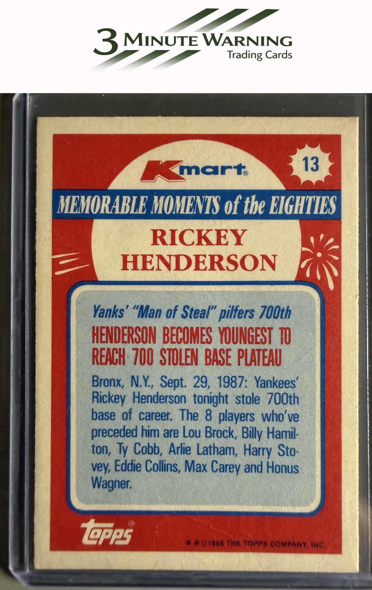 1988 Topps Kmart Memorable Moments #13 Rickey Henderson