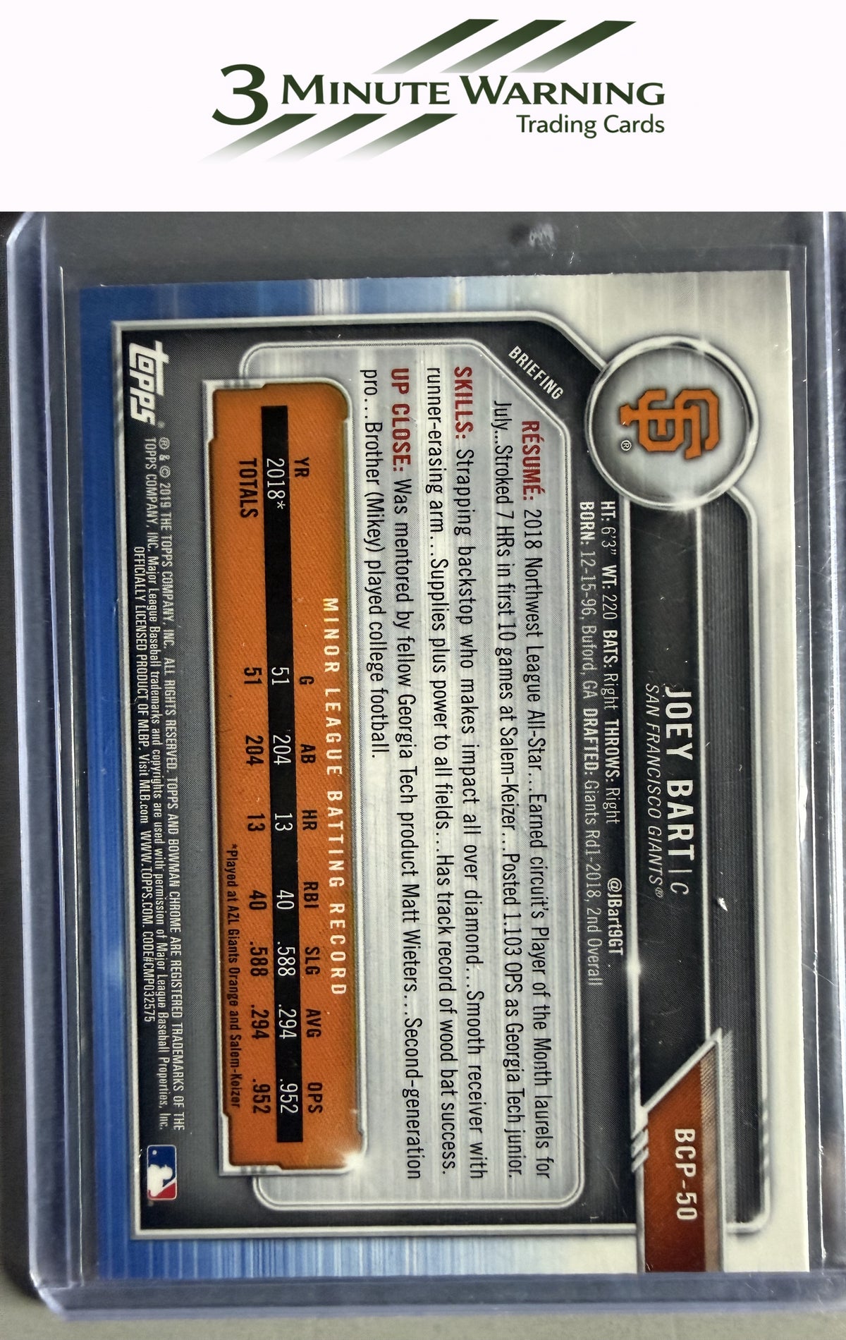 2019 Bowman #BCP-50 Joey Bart Chrome Prospects