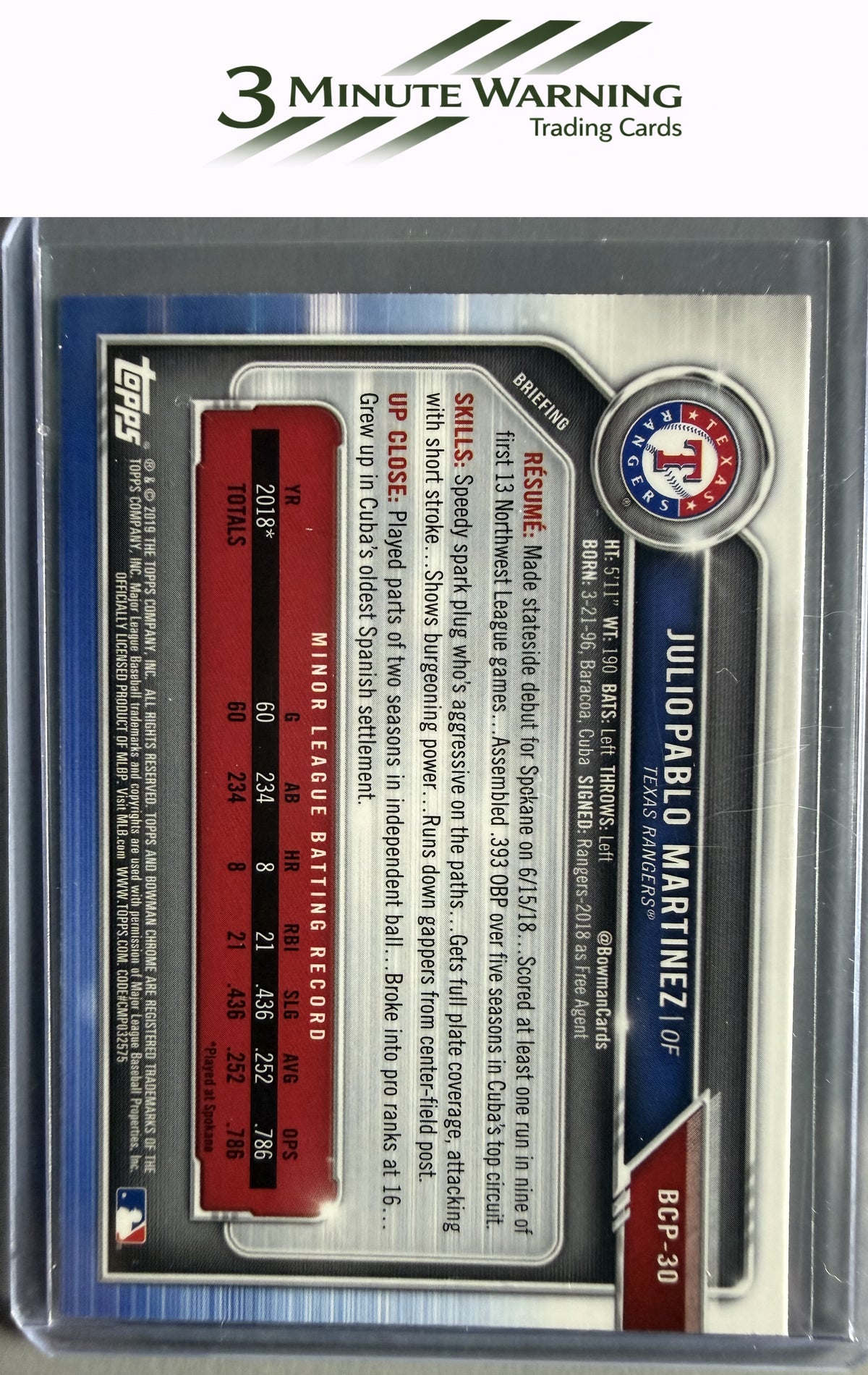 2019 Bowman #BCP-30 Julio Pablo Martinez Chrome Prospects