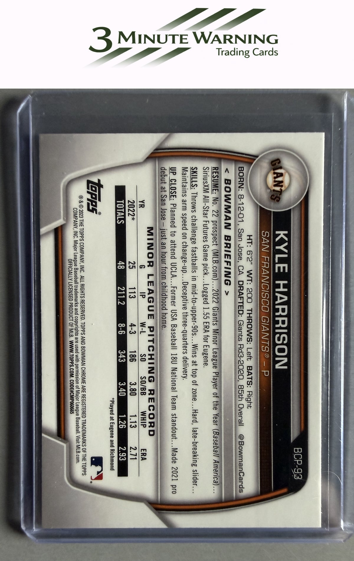2023 Bowman #BCP-93 Kyle Harrison Chrome Prospects