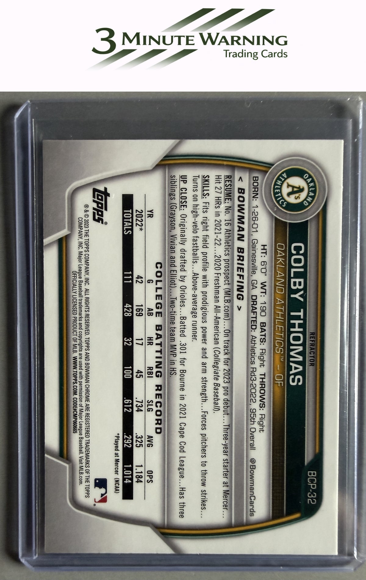 2023 Bowman #BCP-32 Colby Thomas Chrome Prospects Lunar Glow Refractor