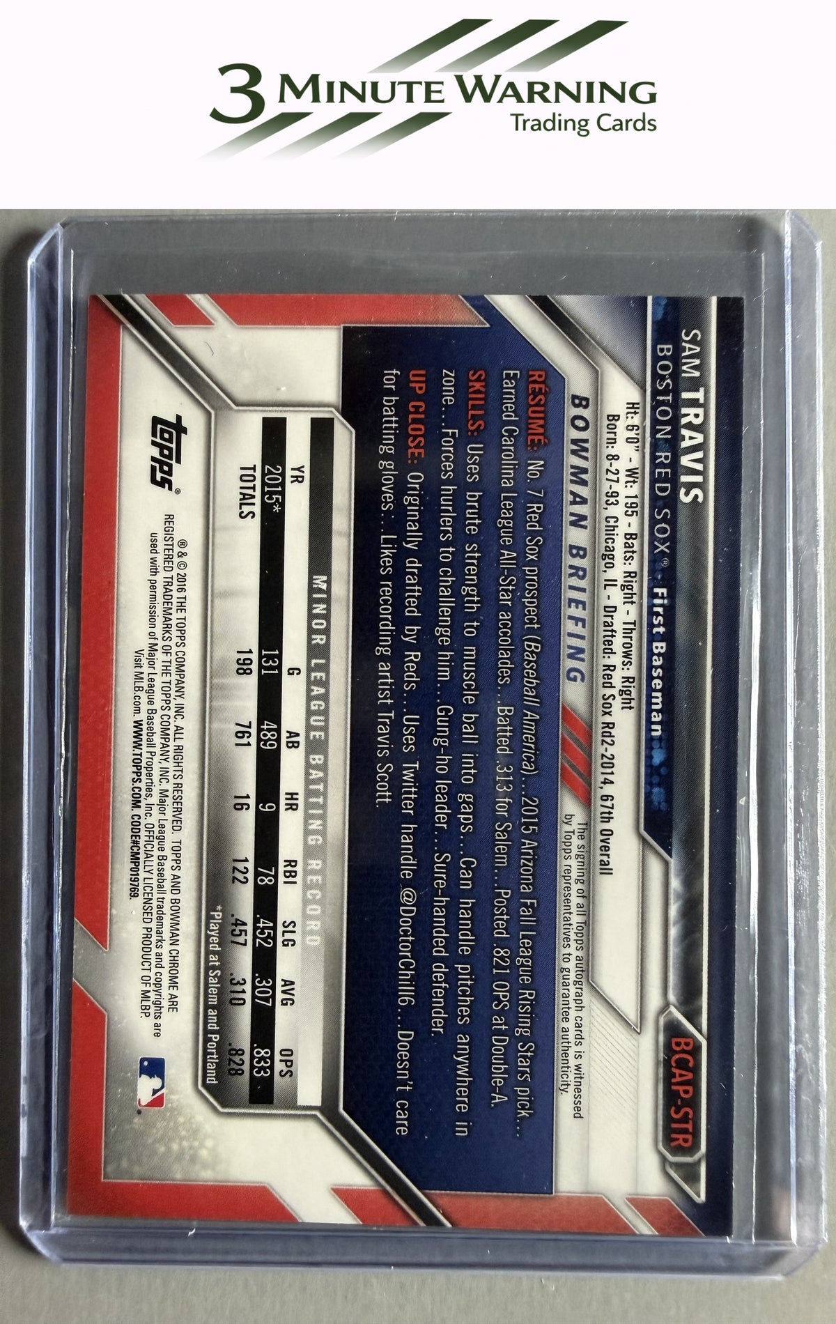 2016 Bowman Chrome #BCAP-STR Sam Travis Prospects Autographs