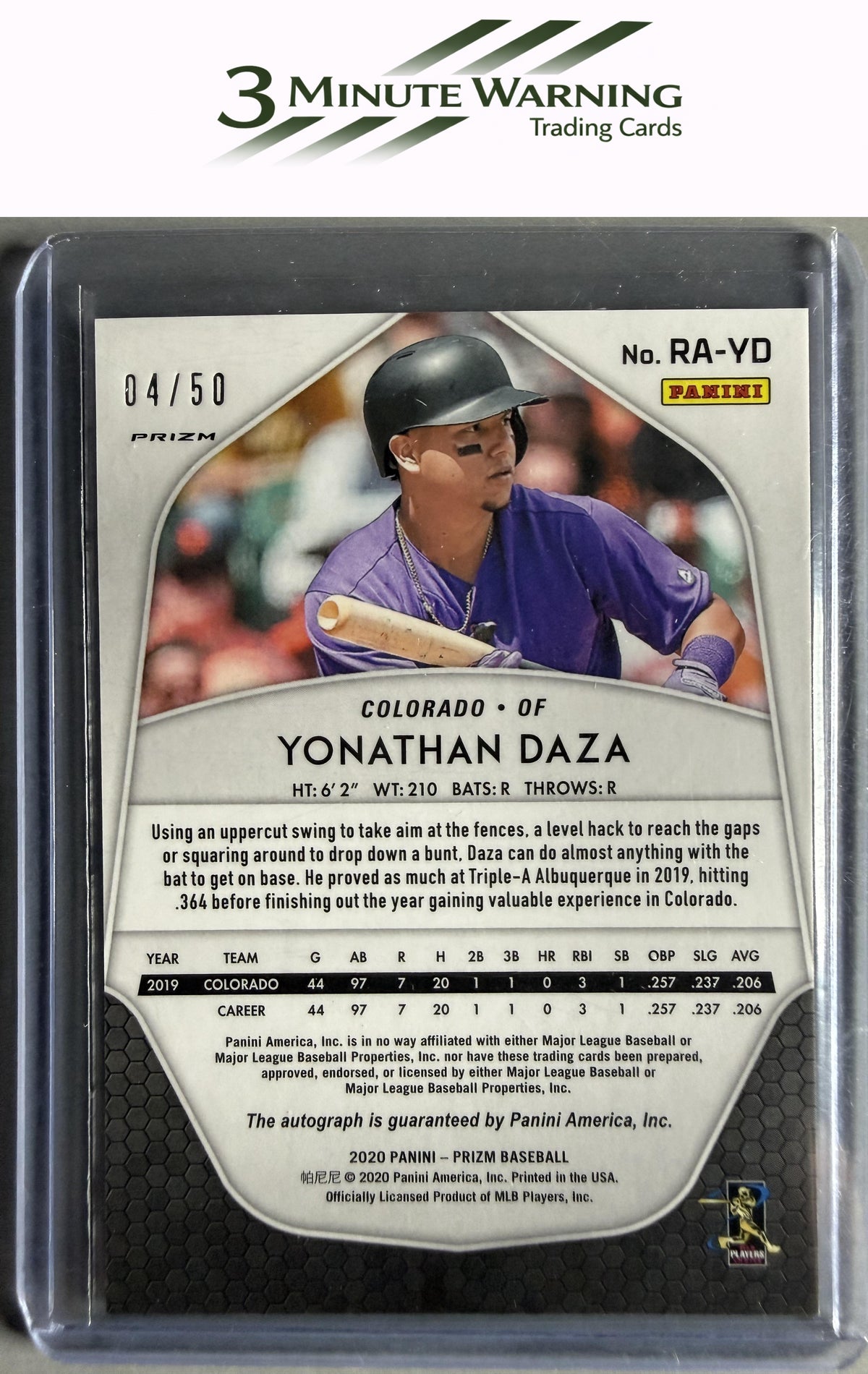 2020 Panini Prizm #RA-YD Yonathan Daza Rookie Autographs RW&B Prizm #/50