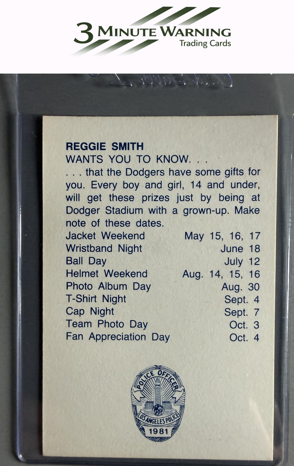 1981 Los Angeles Dodgers Police #NNO Reggie Smith