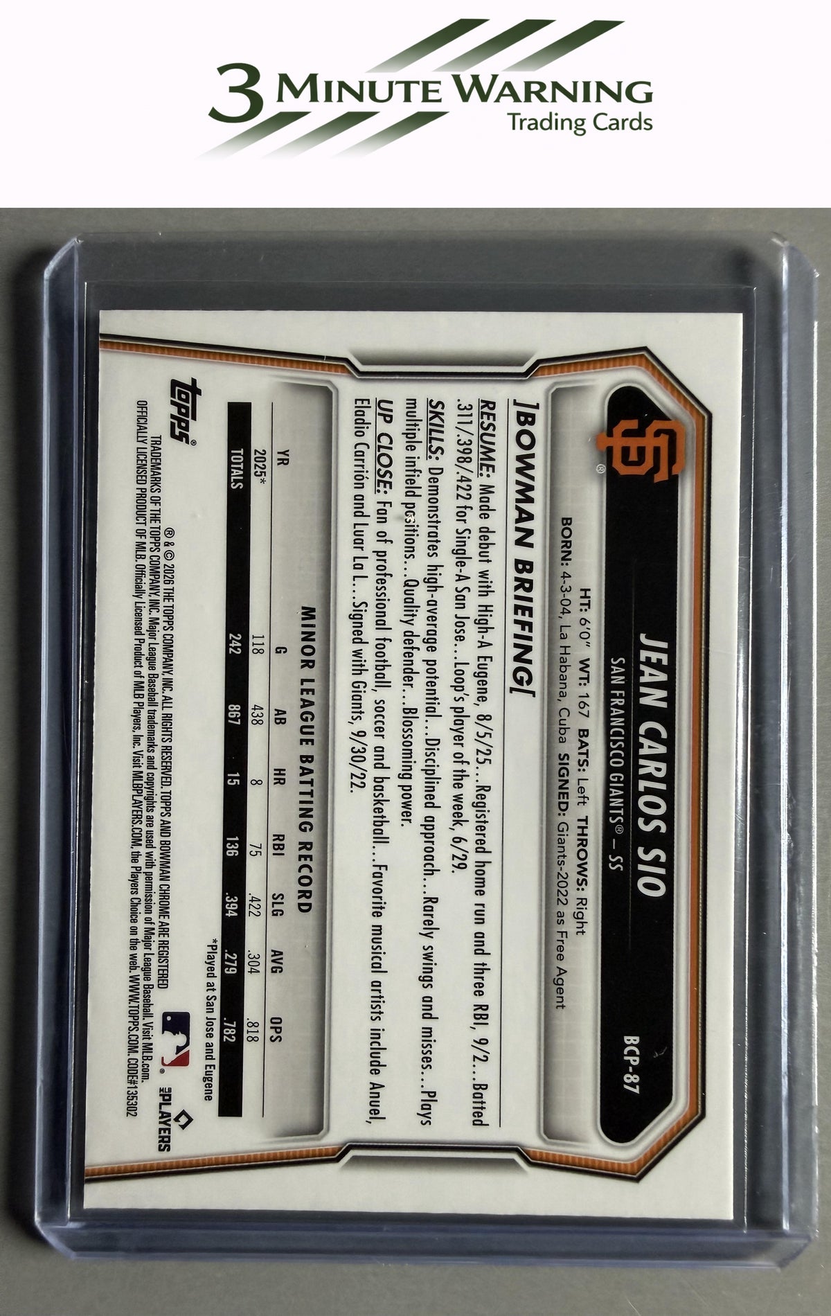 2026 Bowman #BCP-87 Jean Carlos Sio Chrome Prospects