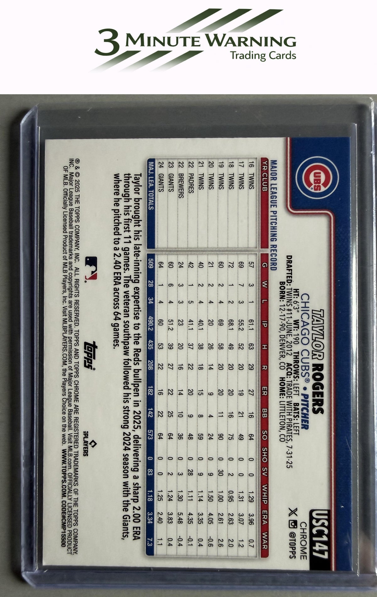 2025 Topps Chrome Update #USC147 Taylor Rogers