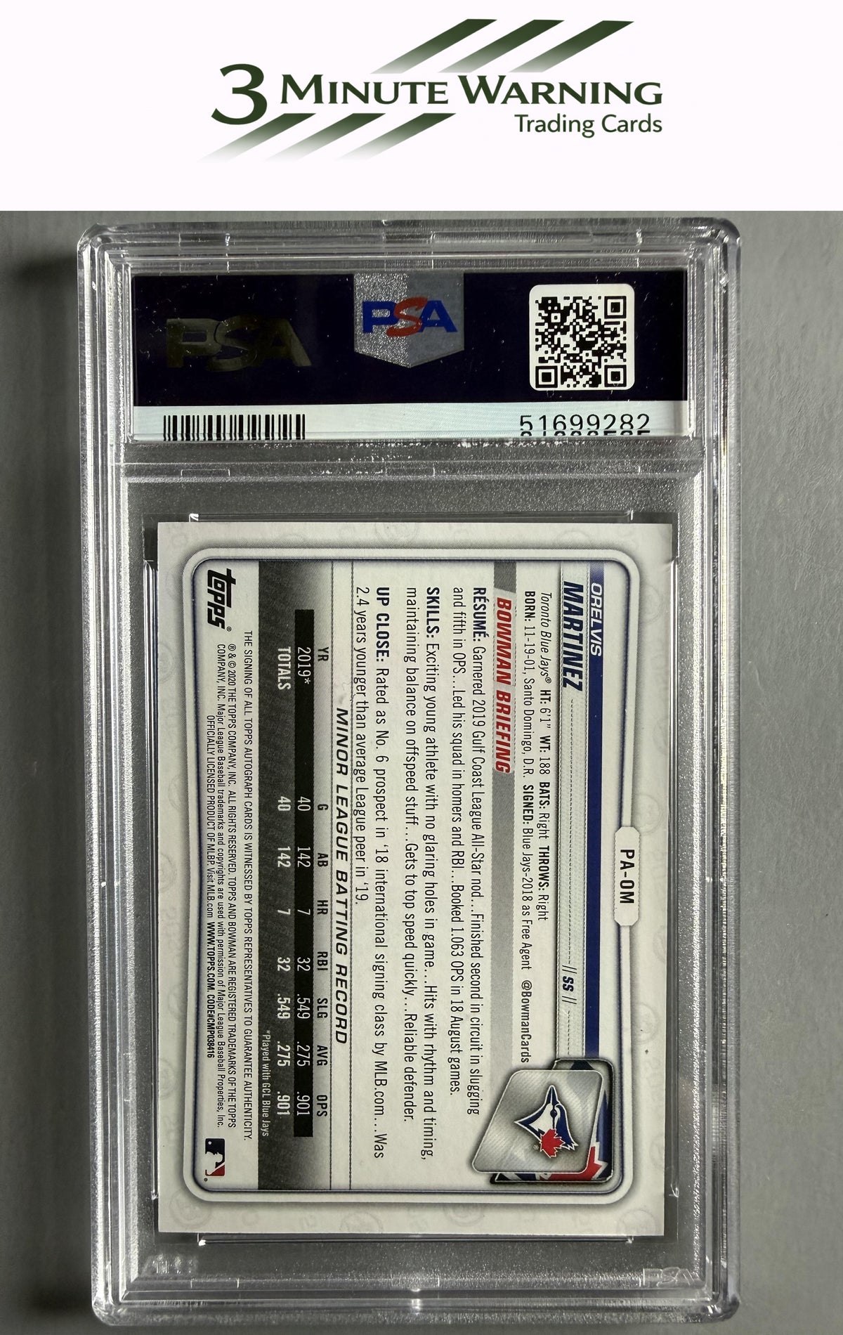 2020 Bowman #PA-OM Orelvis Martinez Prospect Autographs PSA 9