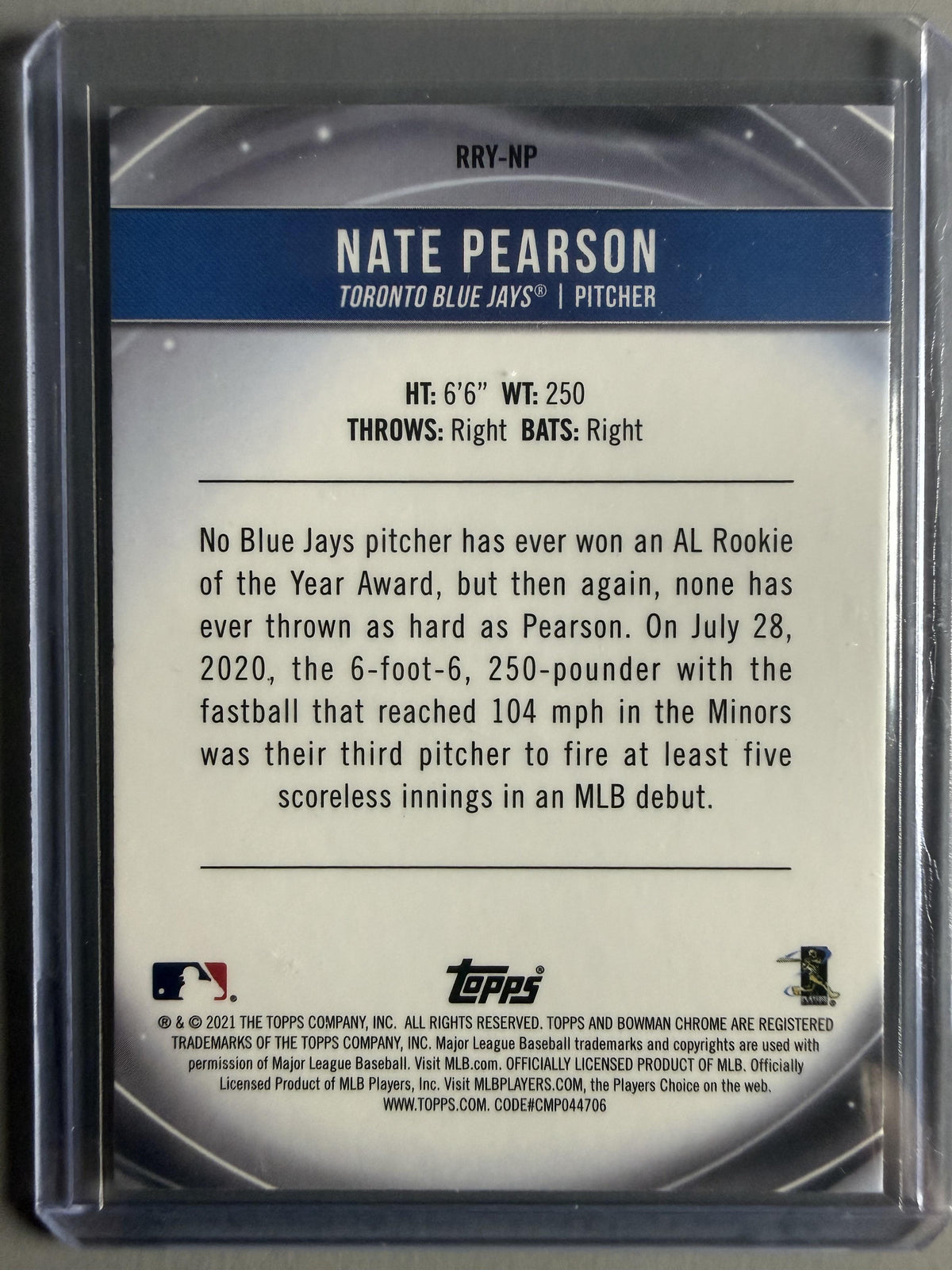 2021 Bowman #RRY-NP Nate Pearson Chrome ROTY Favorites Mojo Refractor