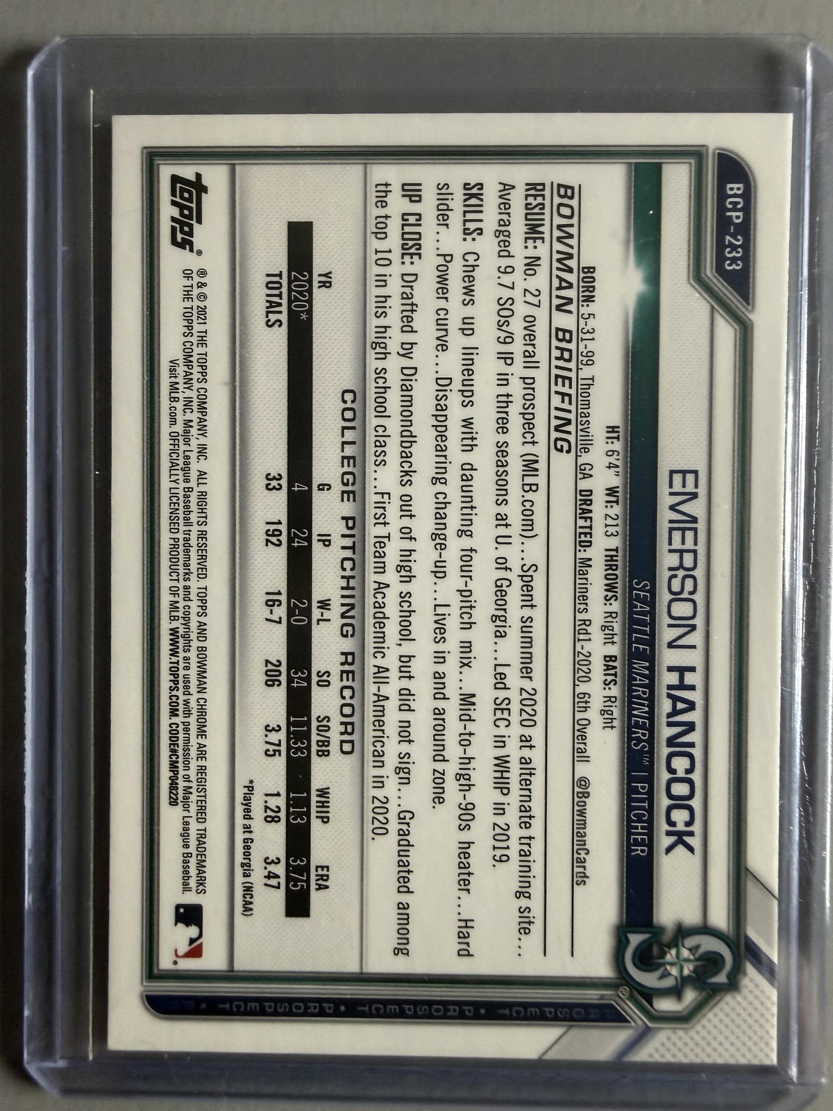 2021 Bowman Chrome #BCP-233 Emerson Hancock Prospects Mojo Refractor
