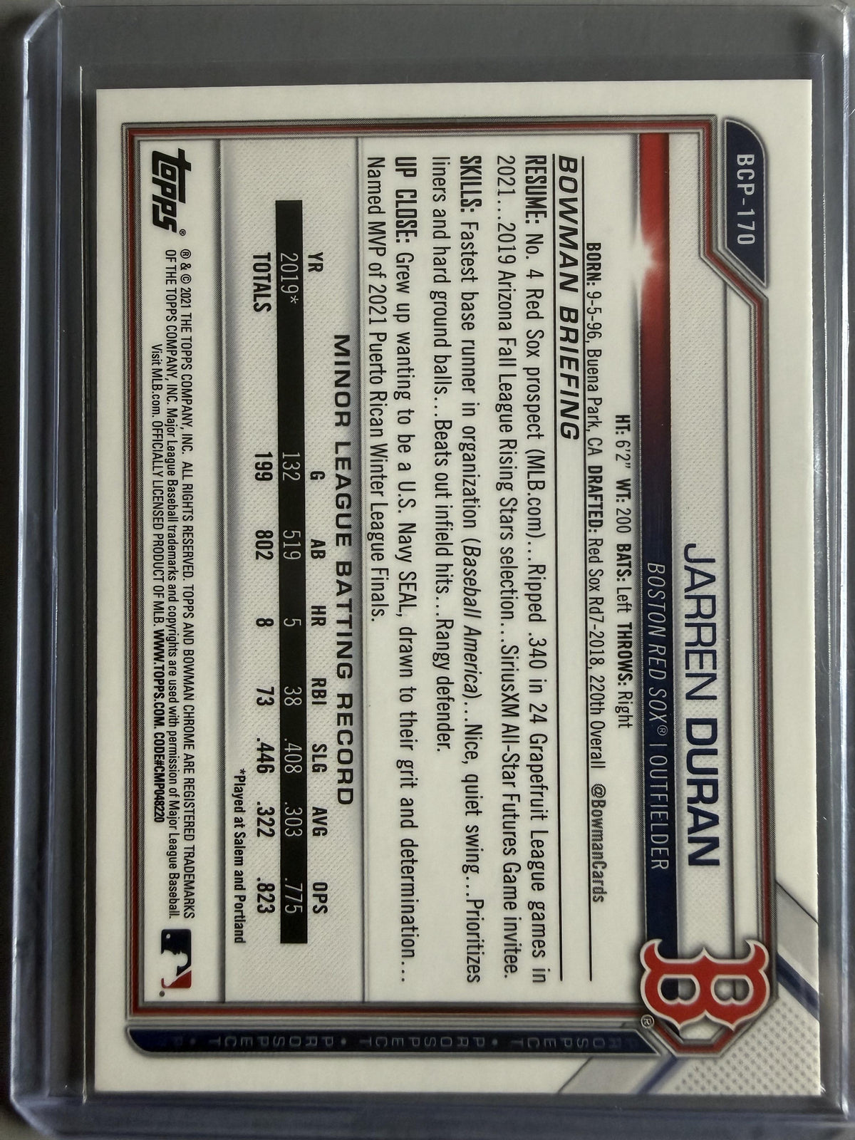 2021 Bowman Chrome #BCP-170 Jarren Duran Prospects Mojo Refractor