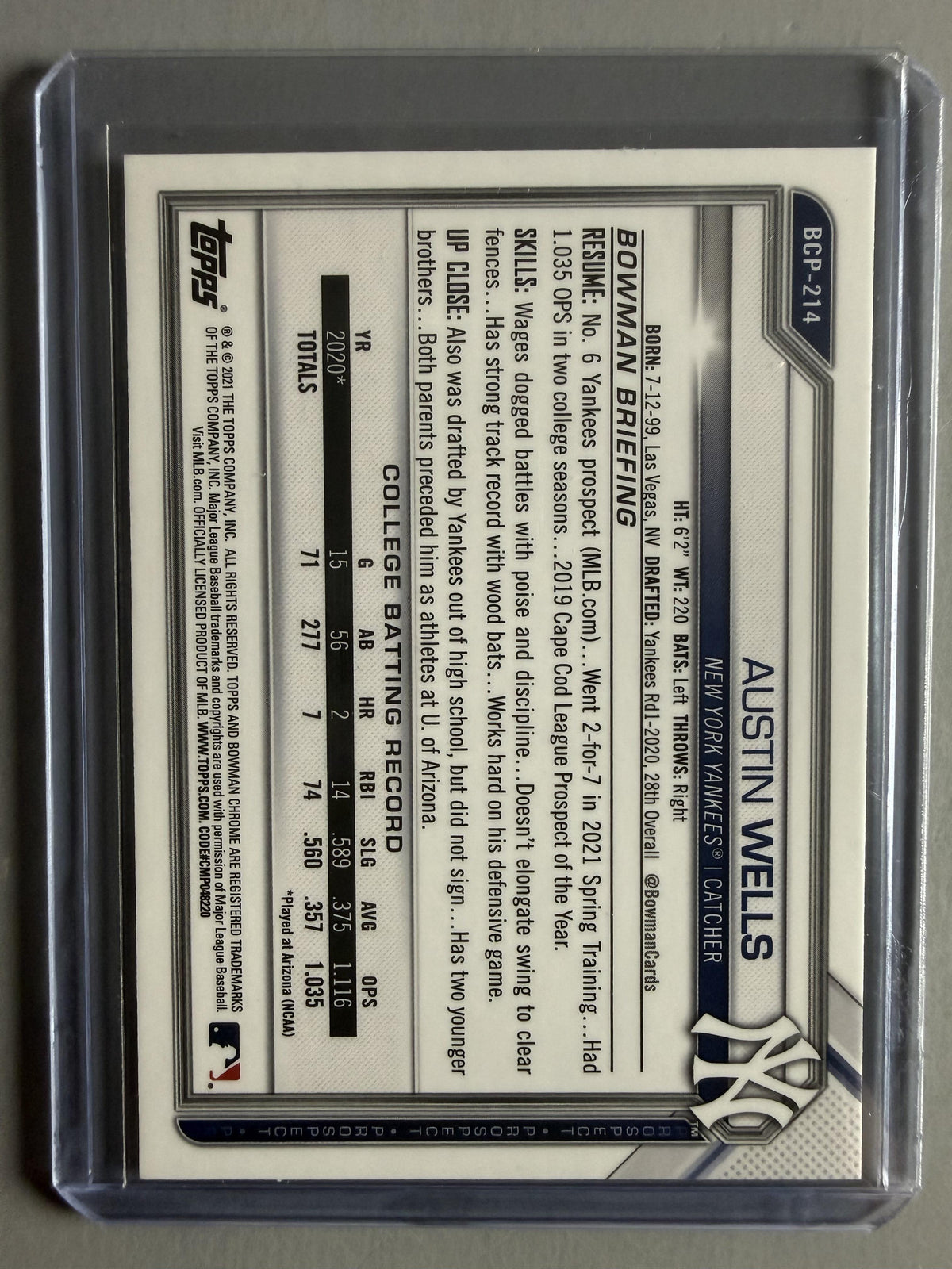 2021 Bowman Chrome #BCP-214 Austin Wells Prospects Mojo Refractor