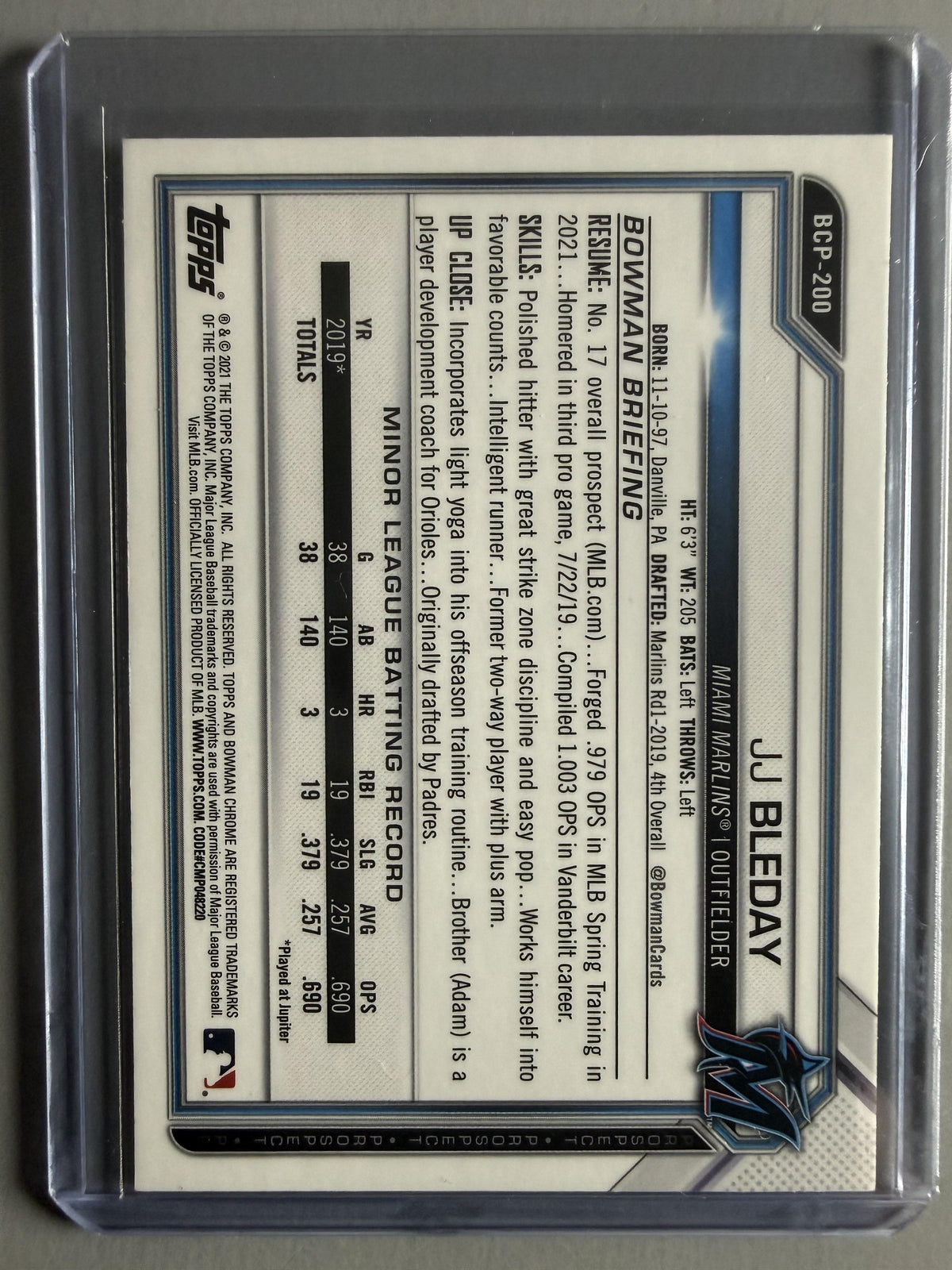 2021 Bowman Chrome #BCP-200 JJ Bleday Prospects Mojo Refractor