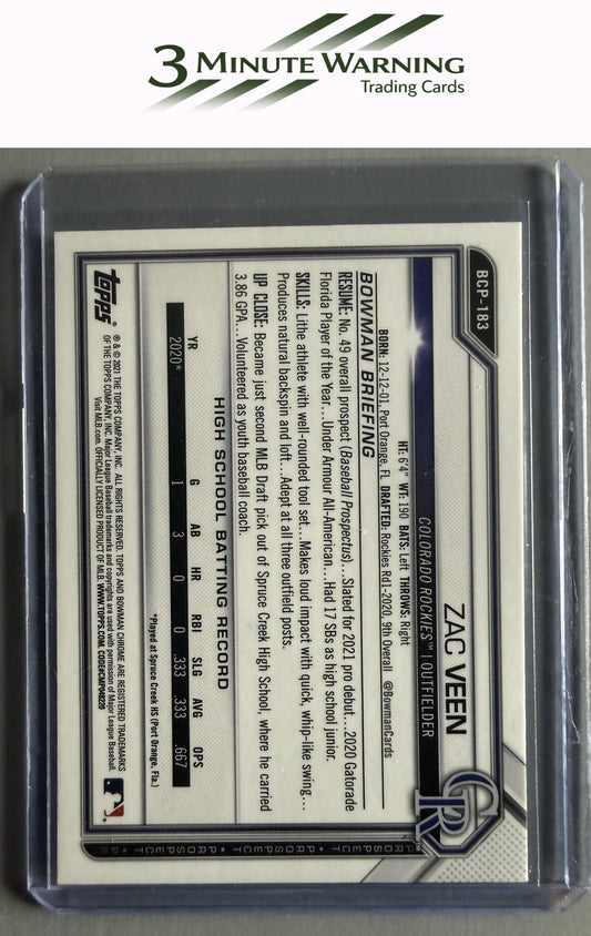2021 Bowman Chrome #BCP-183 Zac Veen Prospects Mojo Refractor