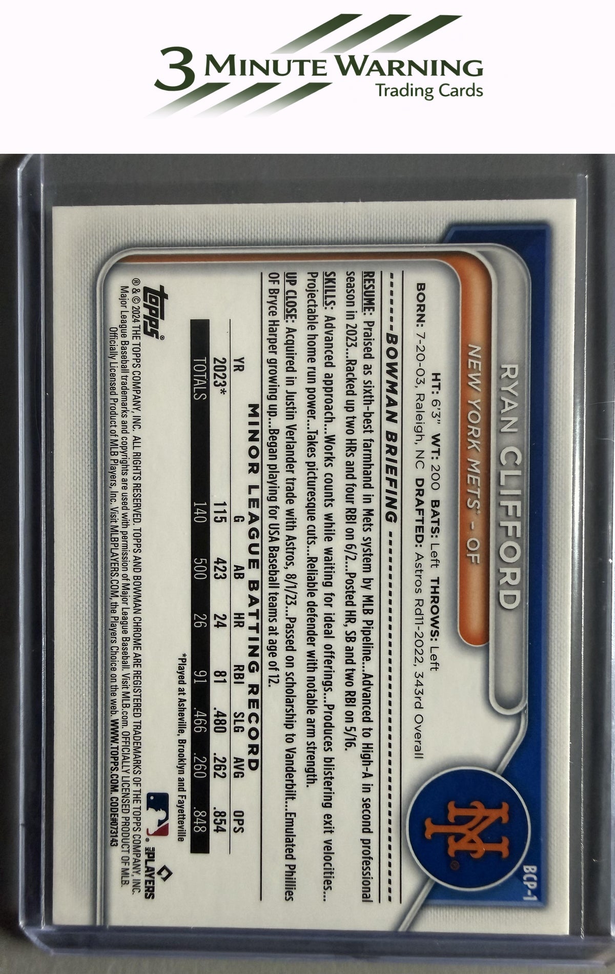2024 Bowman #BCP-1 Ryan Clifford Chrome Prospects