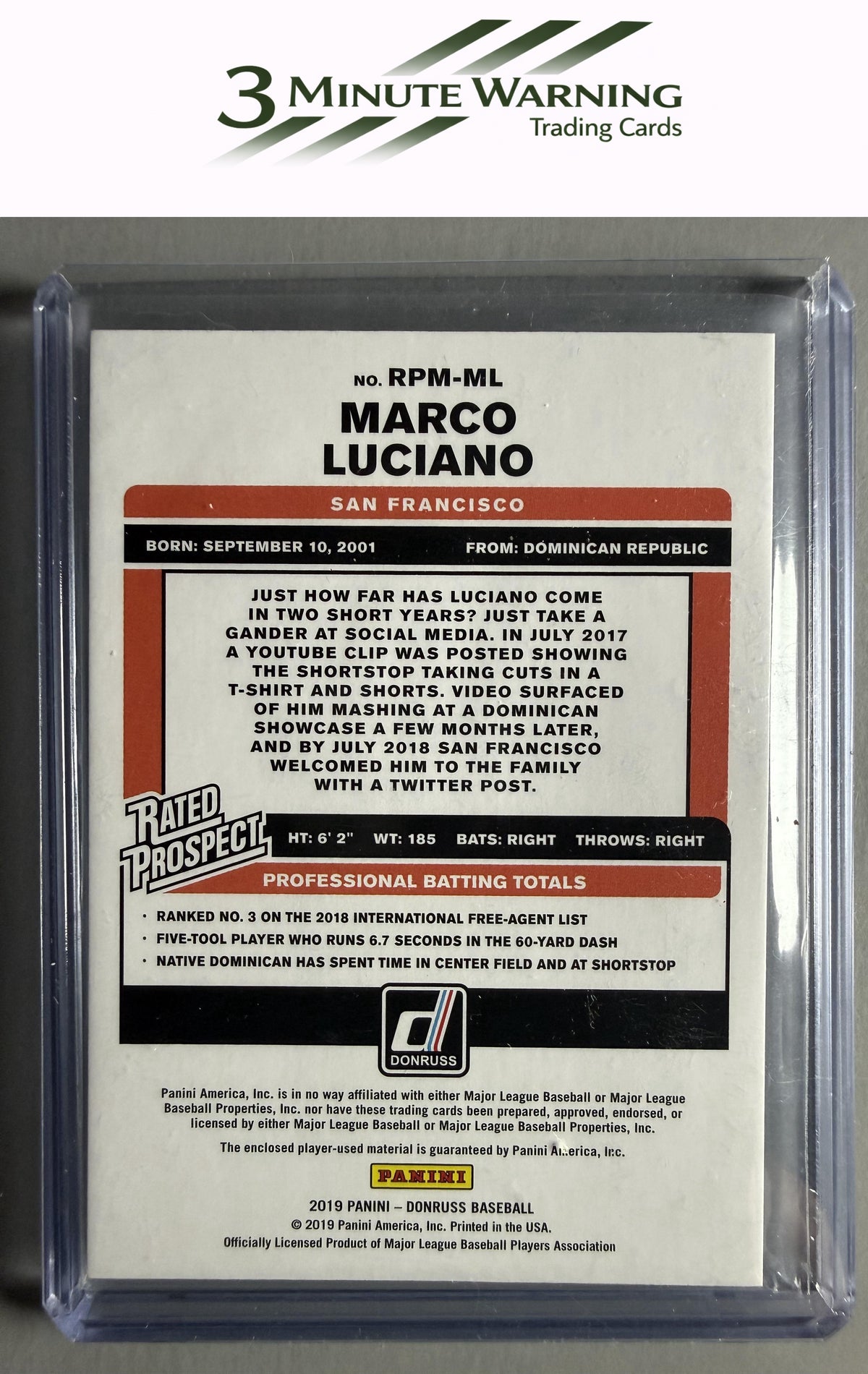 2019 Donruss #RPM-ML Marco Luciano Rated Prospect Material